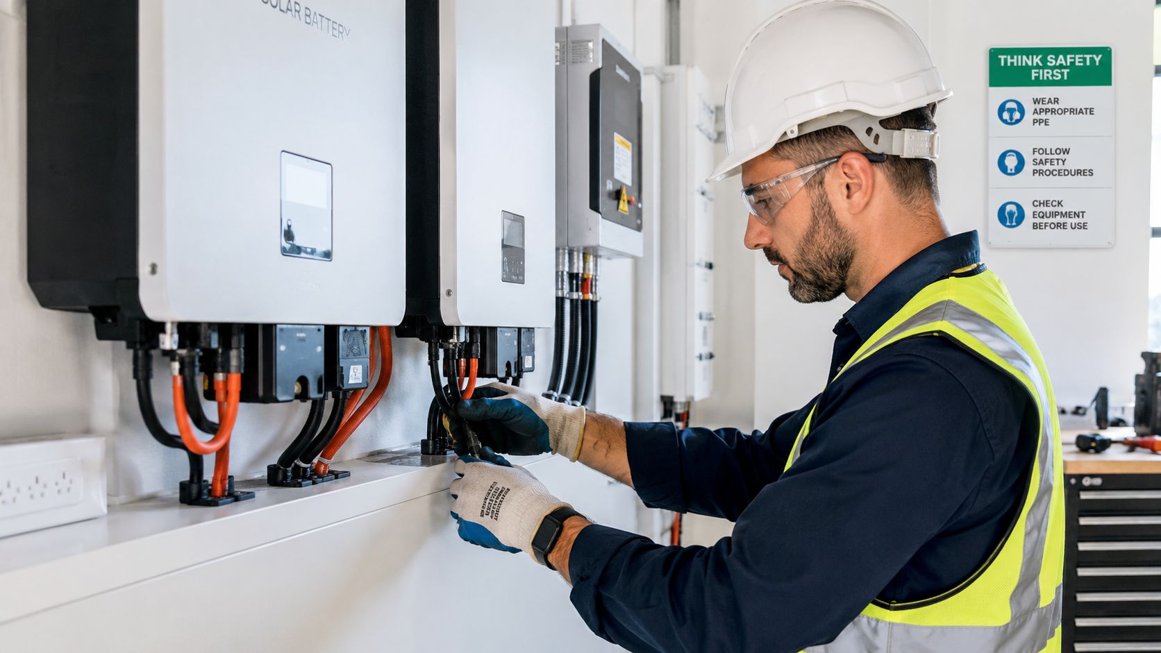 En tekniker i beskyttelsesudstyr installerer eller vedligeholder et solcellebatterisystem på en væg indendørs.