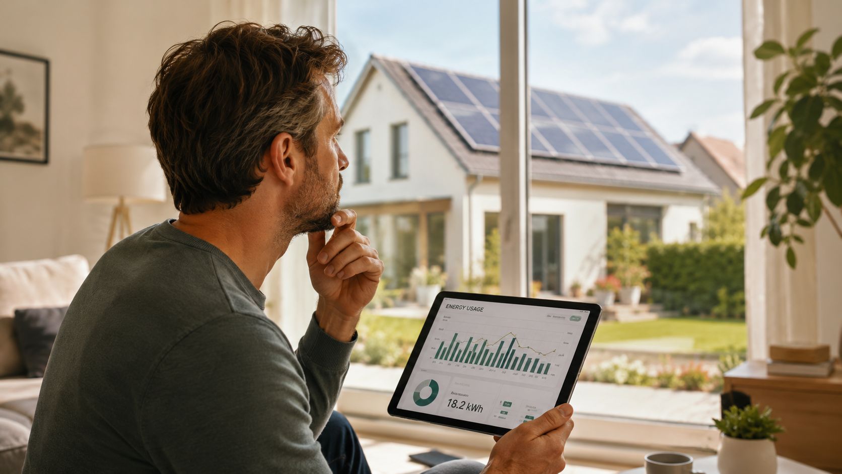 En mand kigger ud af vinduet på sit hus med solceller, mens han tjekker energiforbrug på sin tablet.
