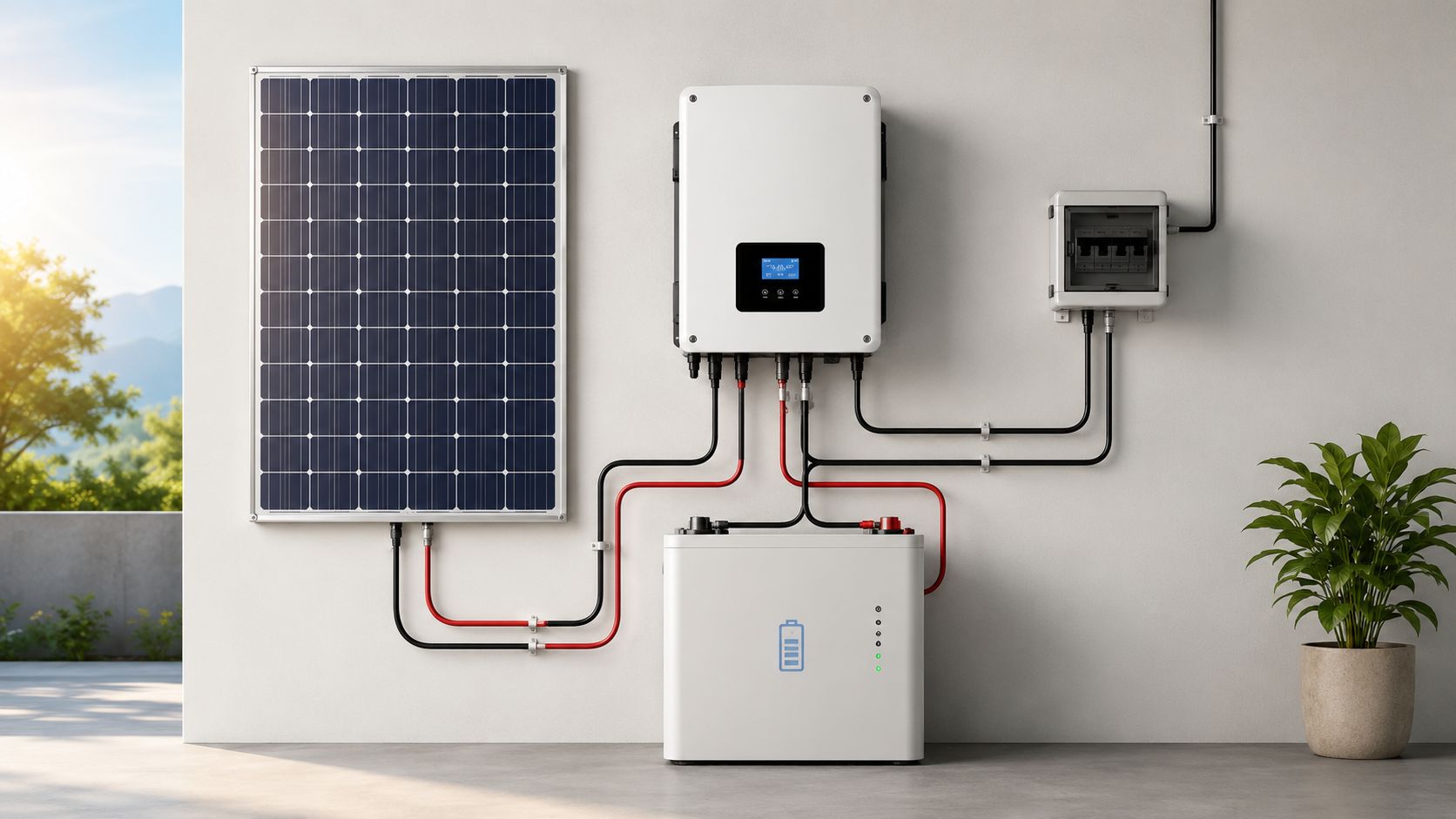 Et moderne solcellesystem med batteri og inverter monteret på en hvid væg med en lille plante.