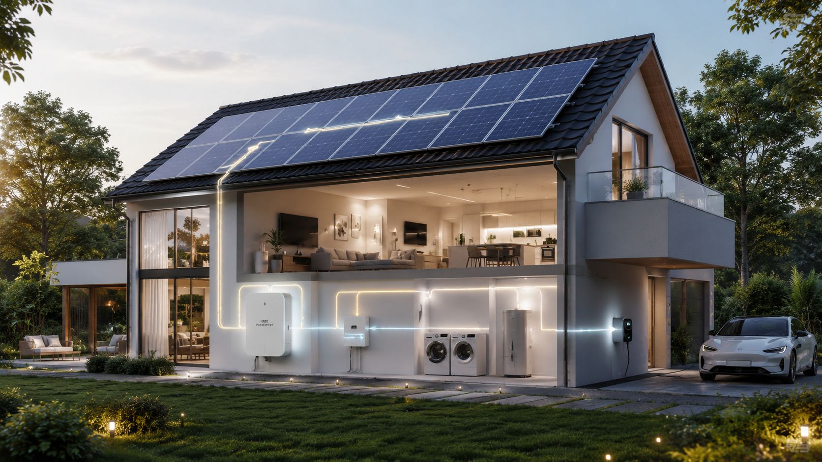 Et moderne hus med solceller på taget, batterisystem og elbil, der viser energiløsninger til hjemmet.