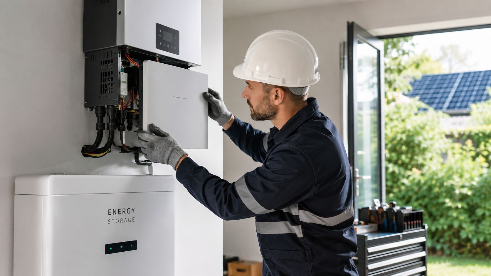 En tekniker i sikkerhedsudstyr installerer et solcellebatterisystem og en inverter på en indendørsvæg.