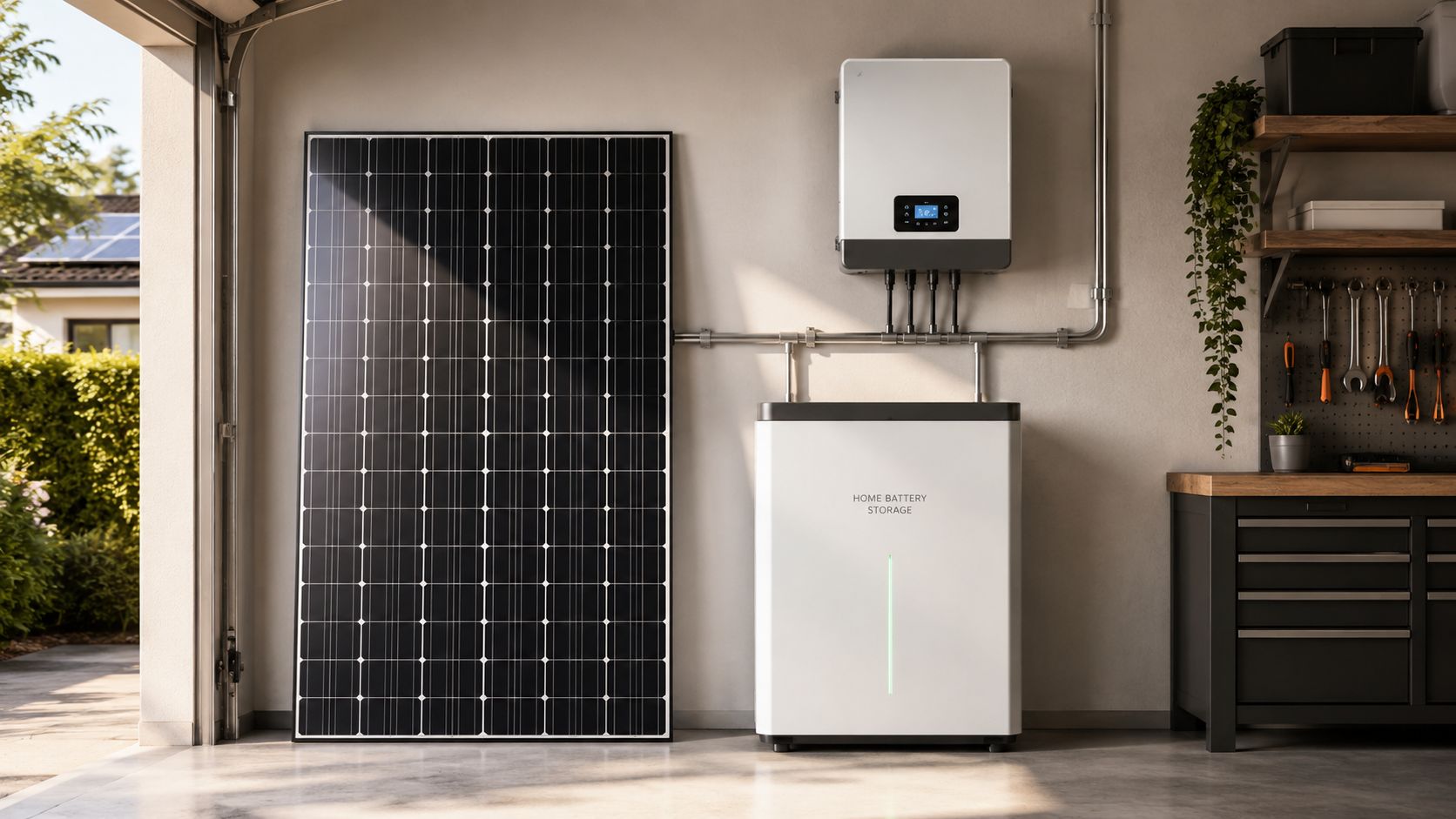 Et moderne solcellesystem med batteri og inverter monteret på en garagevæg klar til grøn energi.