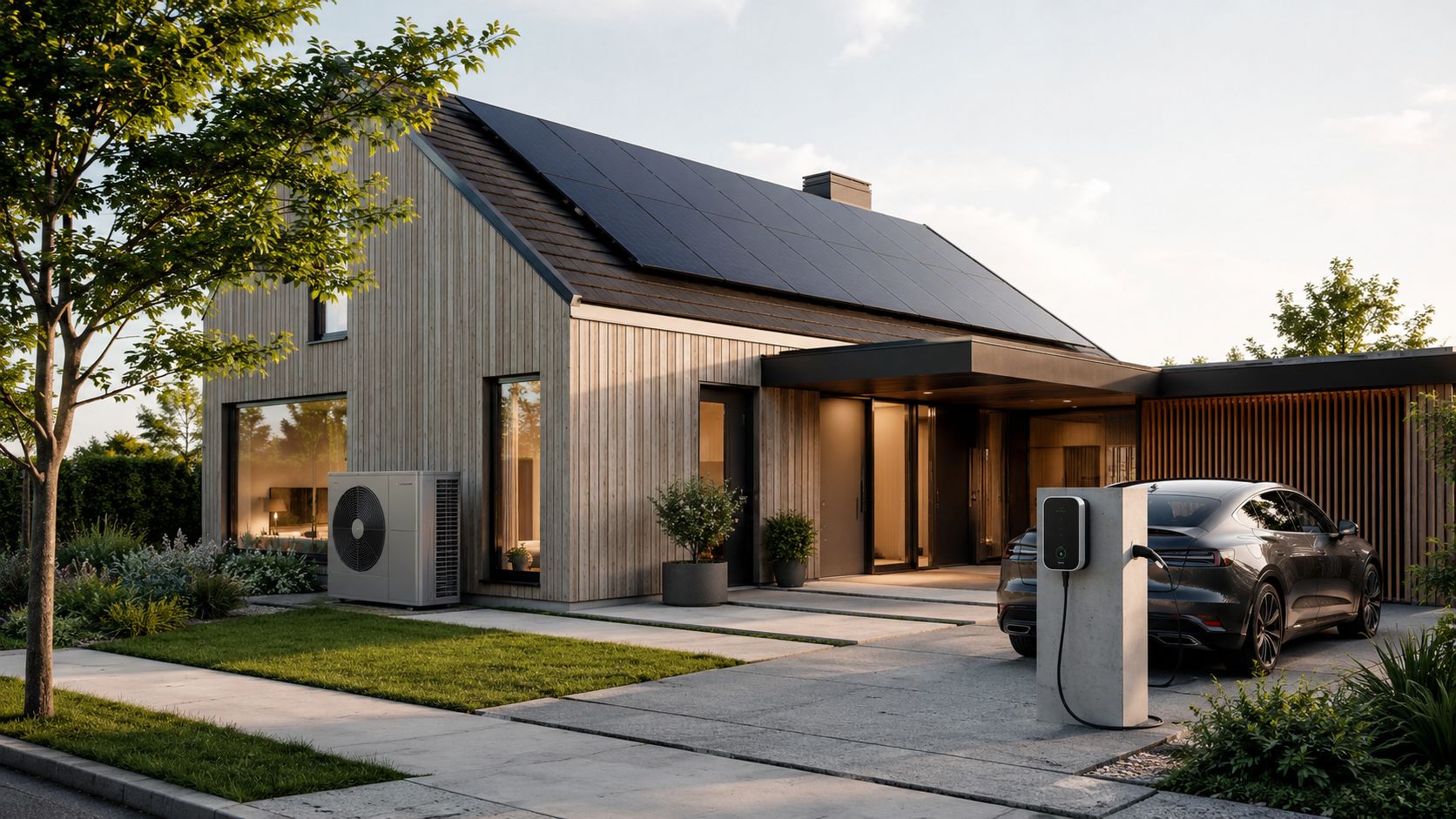 Moderne bæredygtigt hus med solpaneler, varmepumpe og elektrisk bil ved ladestander i en flot indkørsel.