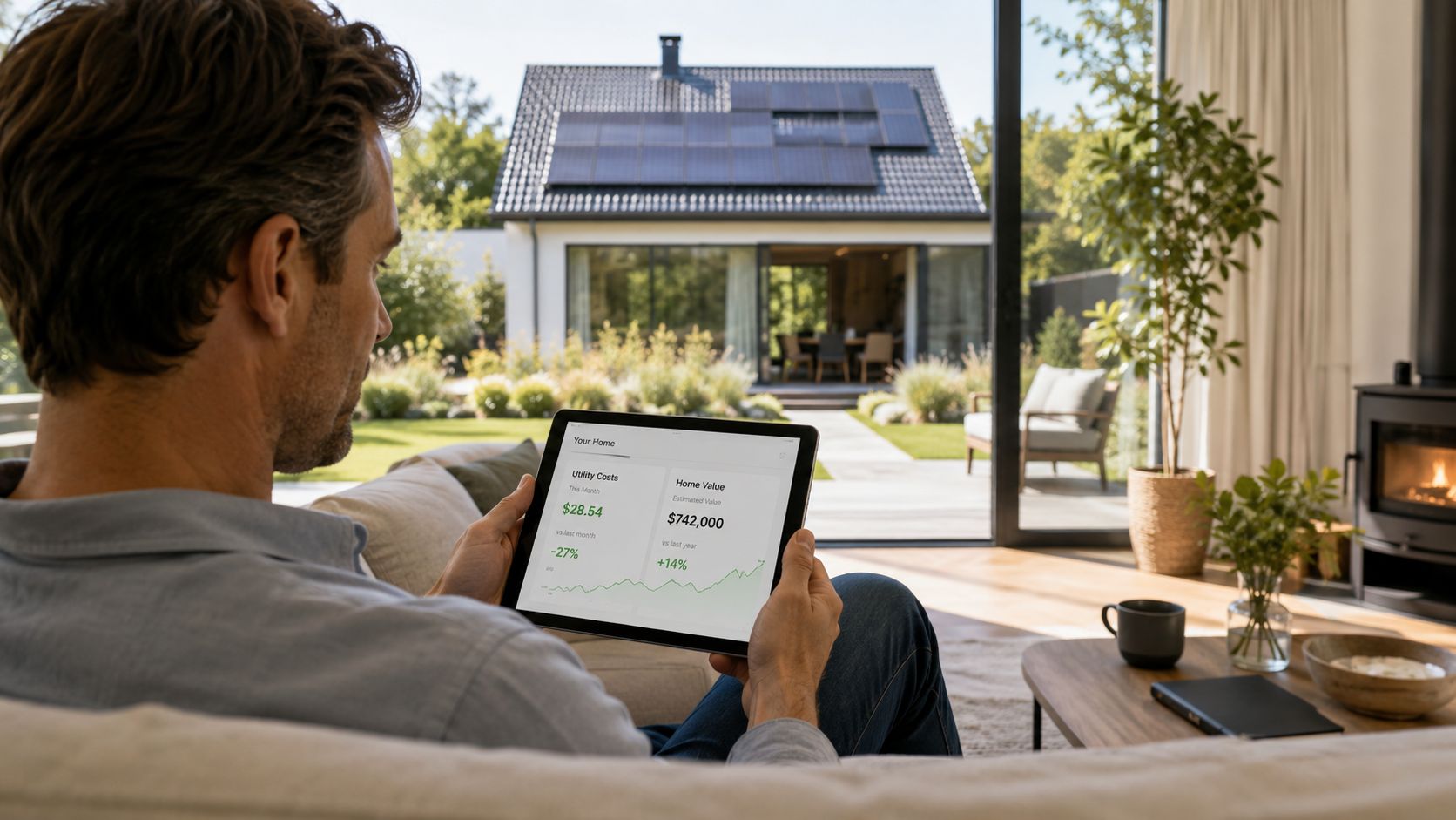 En mand sidder i sin stue og ser på boligøkonomi og energidata på en tablet med solcellehus i baggrunden.