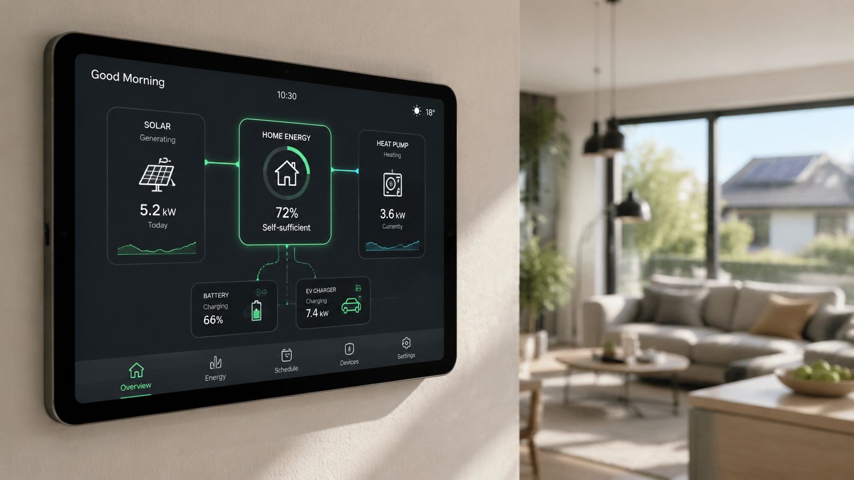 Et smart vægmonteret kontrolpanel viser energiforbrug og bæredygtig strømproduktion i et moderne, veloplyst hjem.