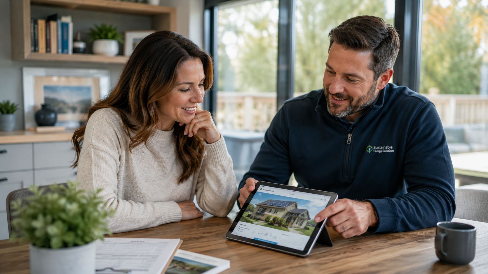 En rådgiver fra Sustainable Energy Solutions viser et par solpaneler på en tablet i et hjem.