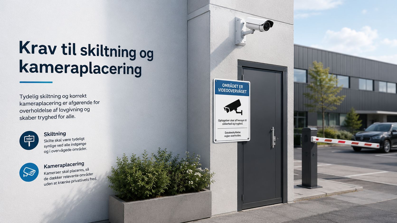 Informationsskilt om videoovervågning ved en indgangsdør med et overvågningskamera monteret på en grå bygningsfacade.