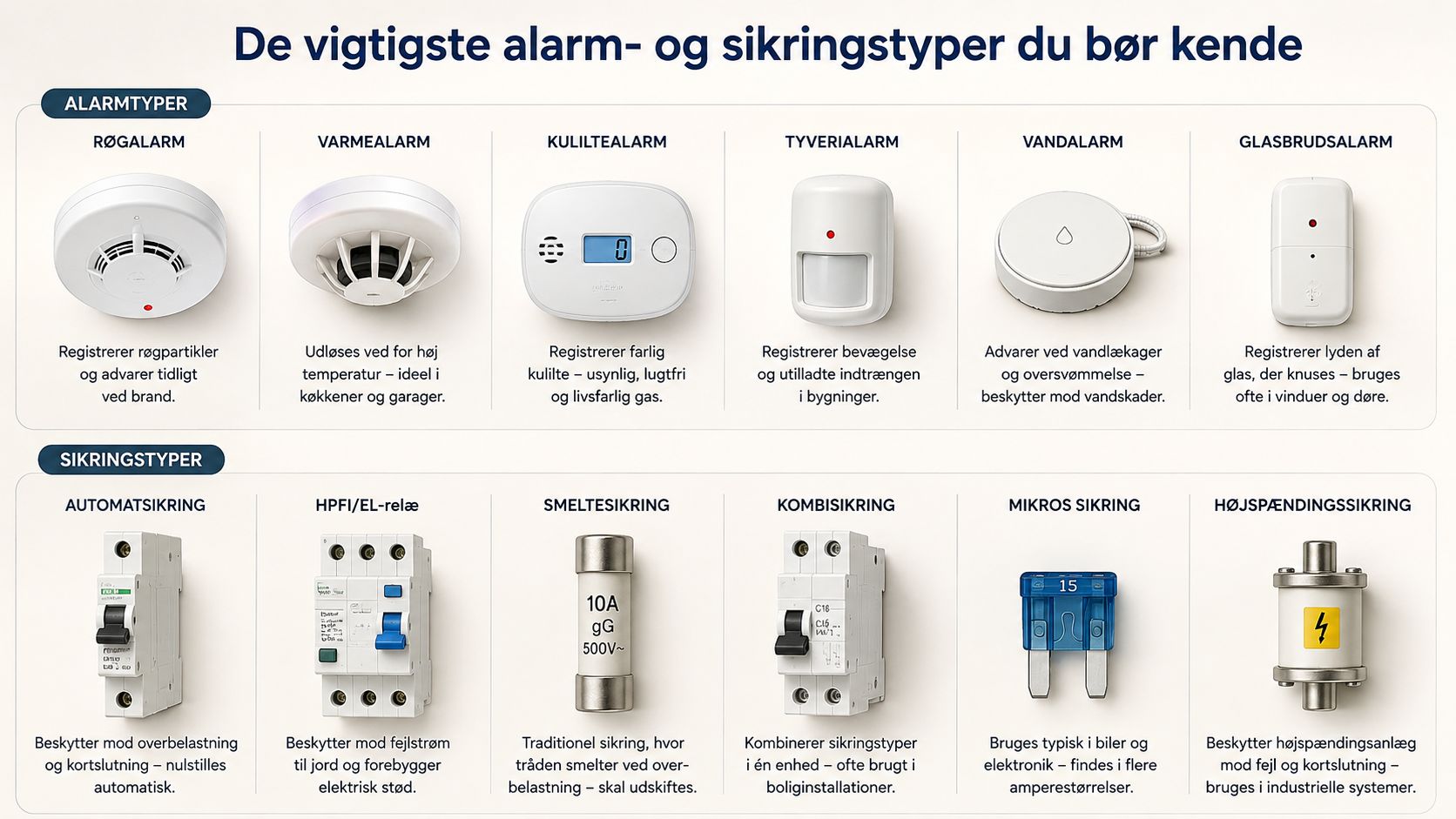 En oversigt over de vigtigste typer alarmer og sikringer til hjemmet med billeder og beskrivelser af hver.