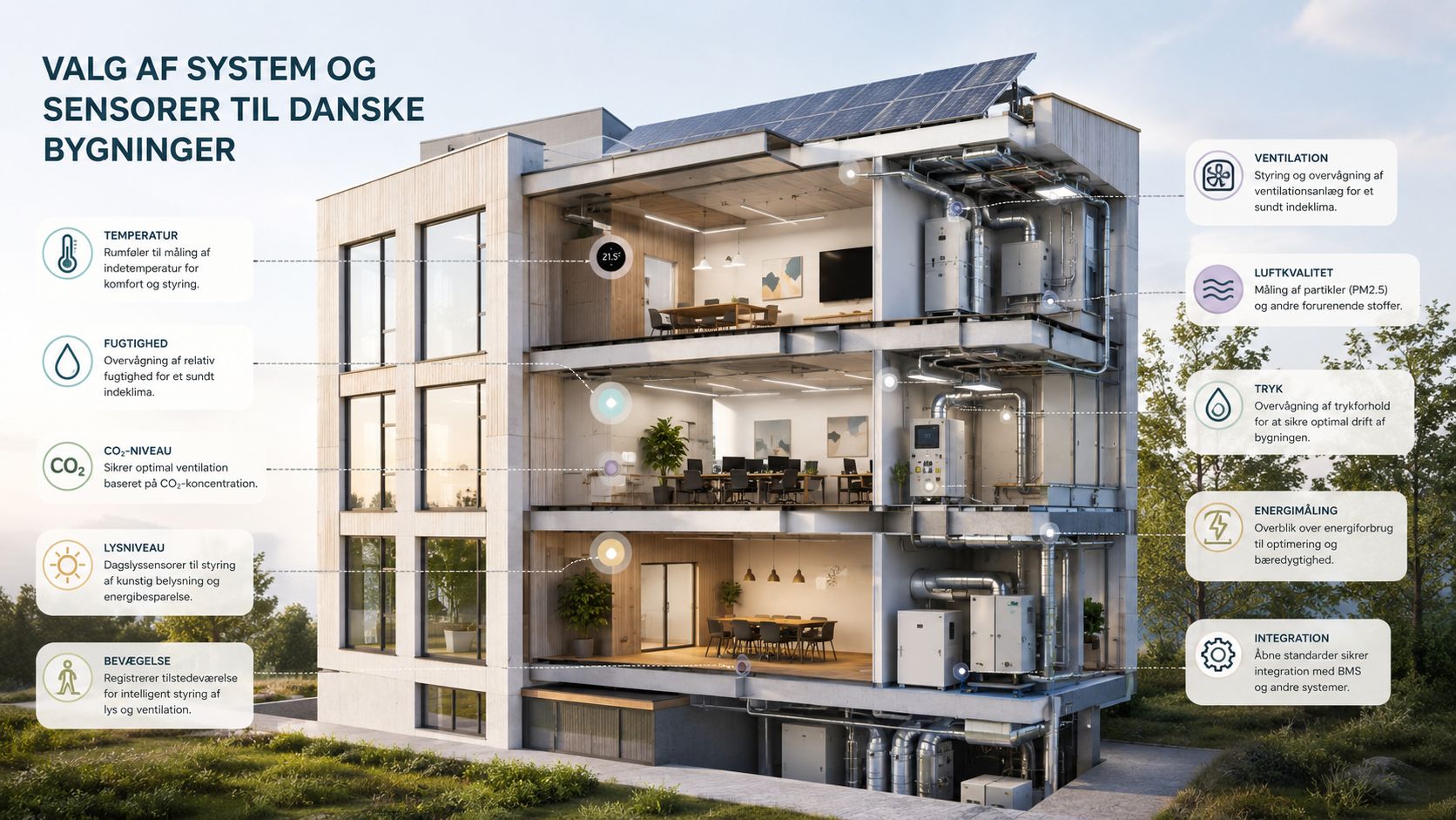 3D-snit af en moderne kontorbygning der viser installation af sensorer til optimering af indeklima og energiforbrug.