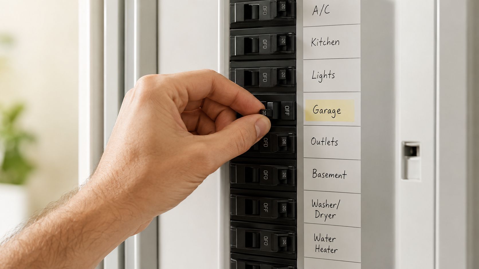 En hånd der slukker eller tænder for en elektrisk sikring i et sikringsskab i et privat hjem