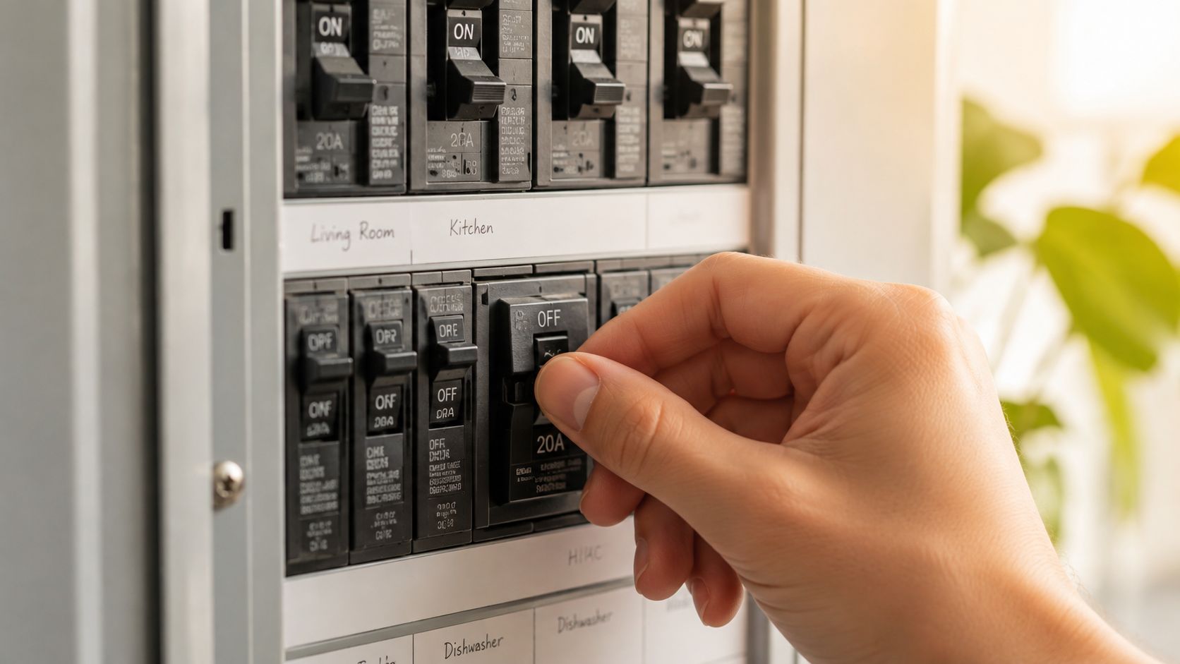 En hånd slukker en elektrisk kontakt i et elpanel for at afbryde strømmen til hjemmet.