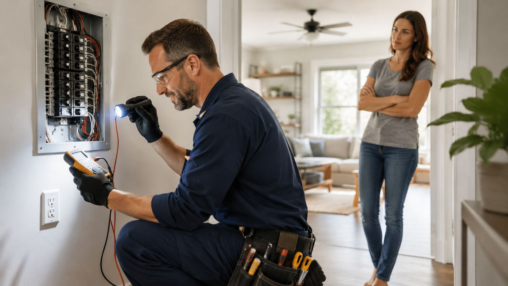 En elektriker i arbejdstøj inspicerer et el-skab med et multimeter, mens en kvinde står og kigger på.