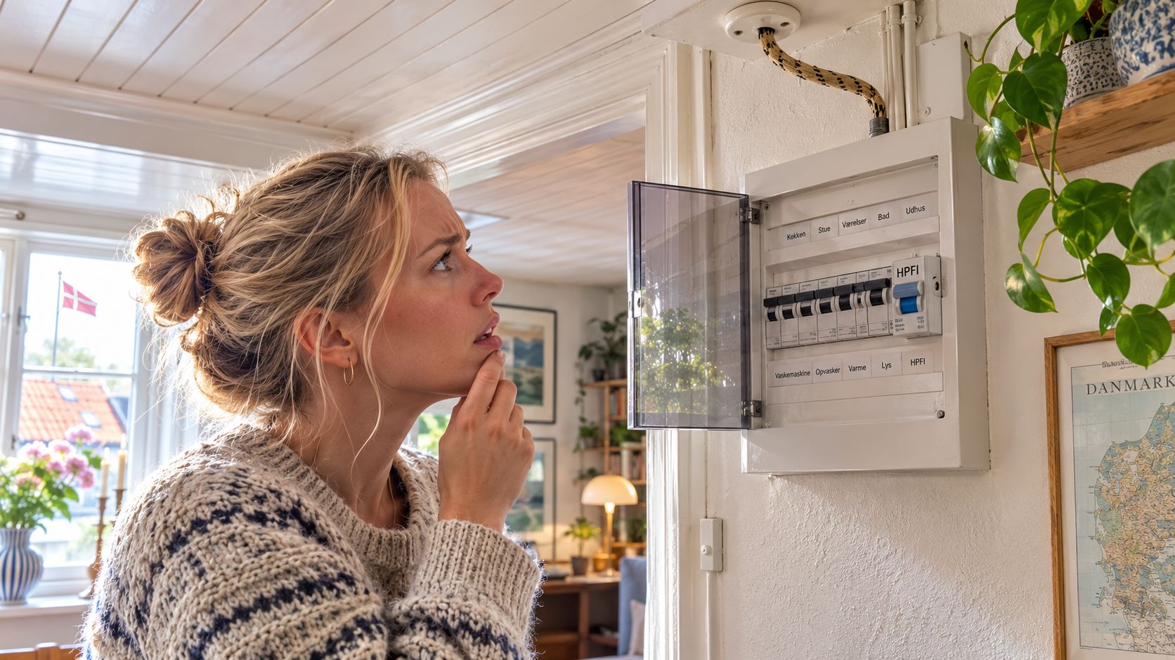En bekymret kvinde kigger på et åbent el-sikringsskab i et ældre hus, mens hun holder hånden ved hagen.