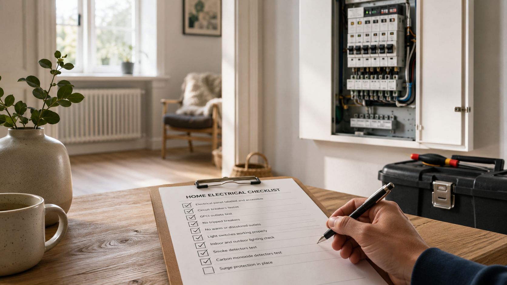 En person udfører et sikkerhedstjek af elektriske installationer med en tjekliste og et åbent el-skab i baggrunden.