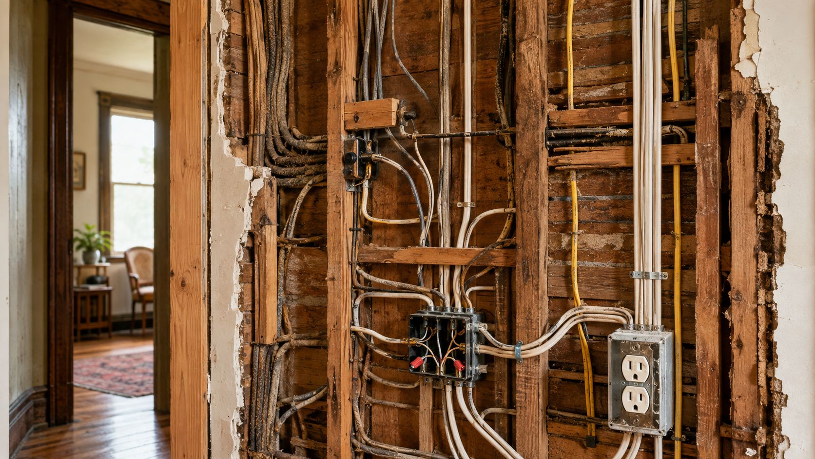 Synlig elektrisk installation og kabelarbejde bag en åben væg i et ældre hus under renovering