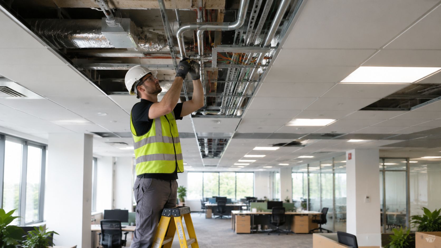En elektriker står på en trappestige og reparerer elinstallationer i loftet på et moderne kontor.