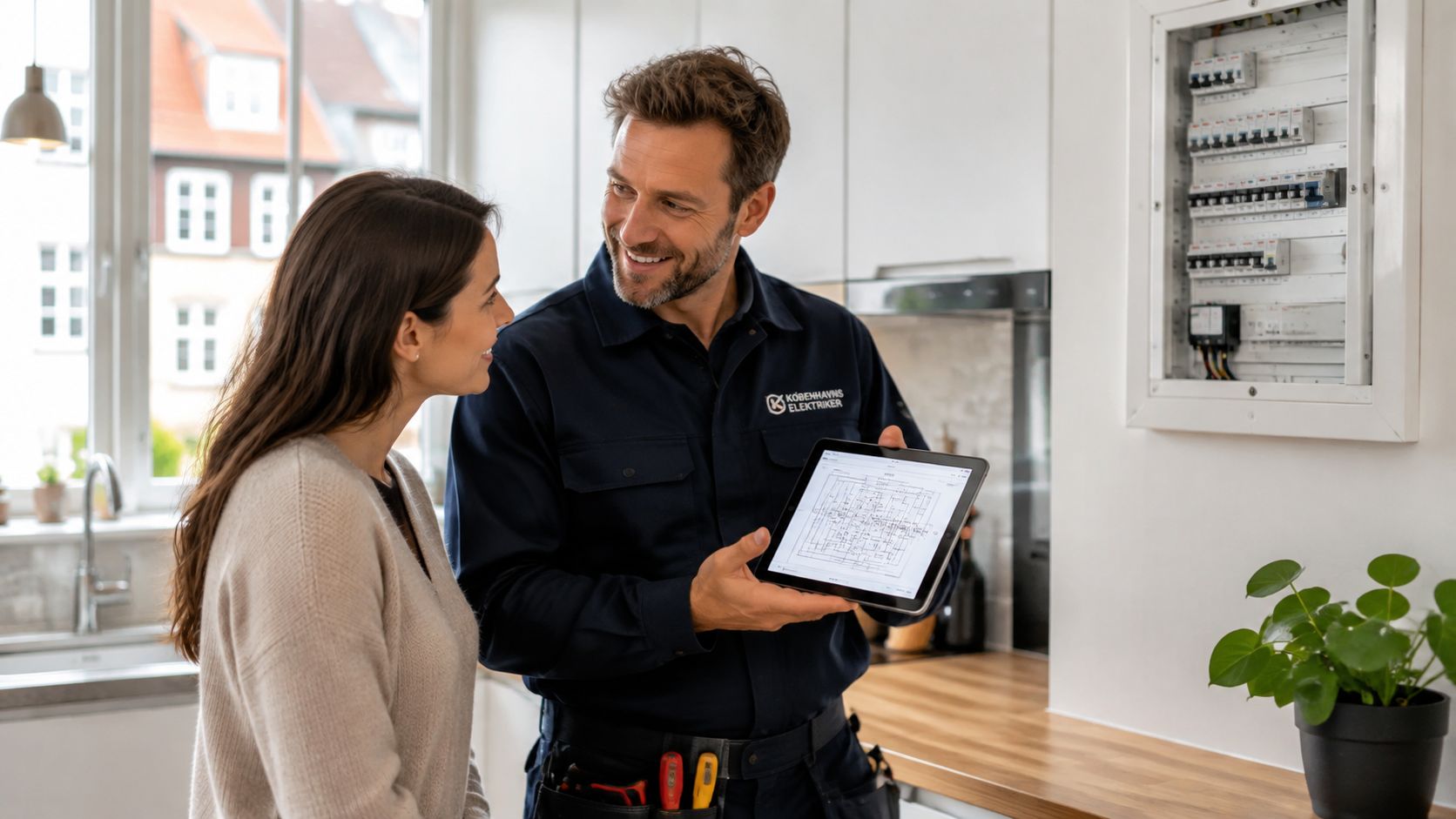 En professionel elektriker fra København viser en plantegning på en tablet til en kvindelig kunde i køkkenet.