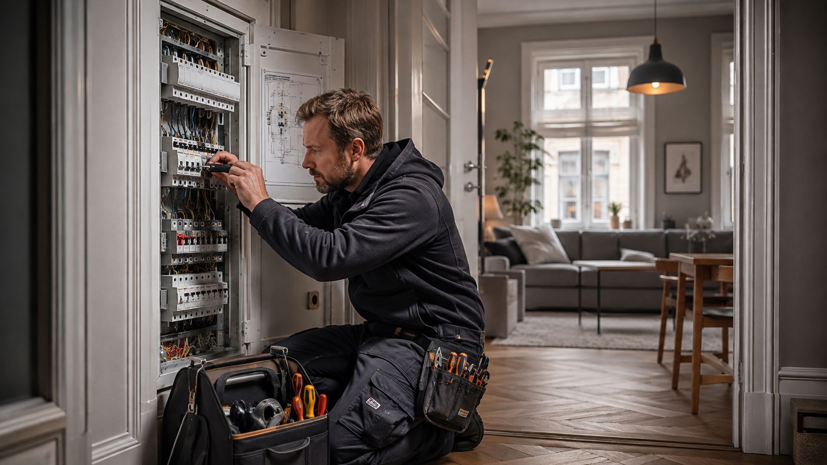 En professionel elektriker arbejder fokuseret på at installere og vedligeholde et el-tavleanlæg i et privat hjem i København.