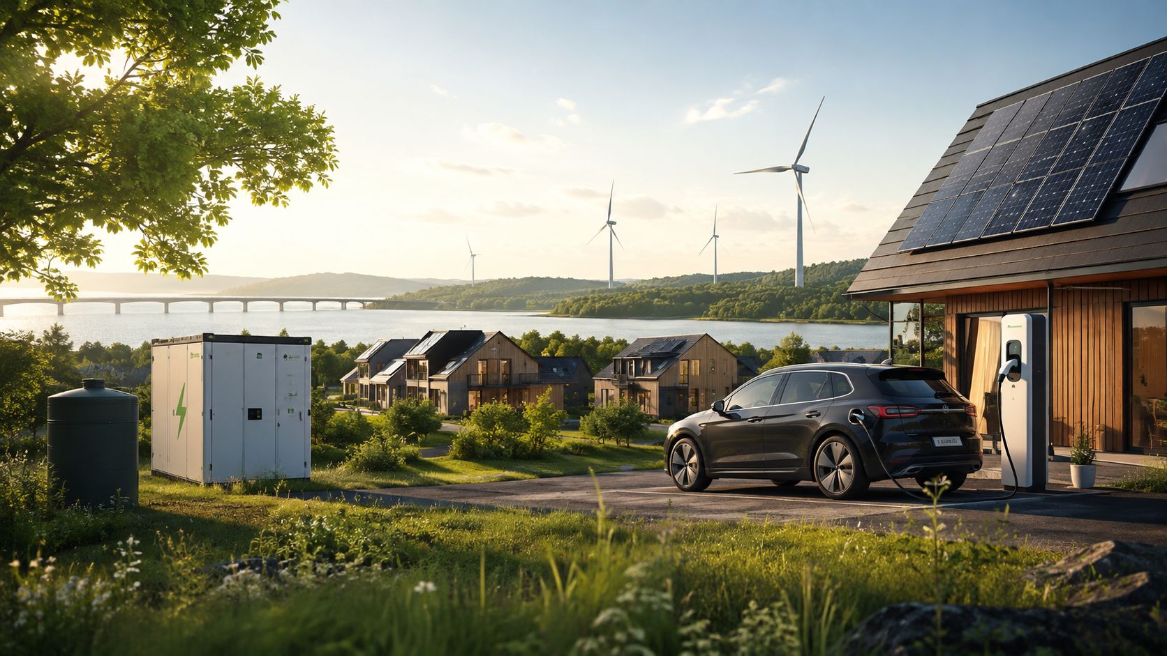 Moderne elbil oplades ved et miljøvenligt hus med solceller, vindmøller og batterilager i et naturskønt landskab.