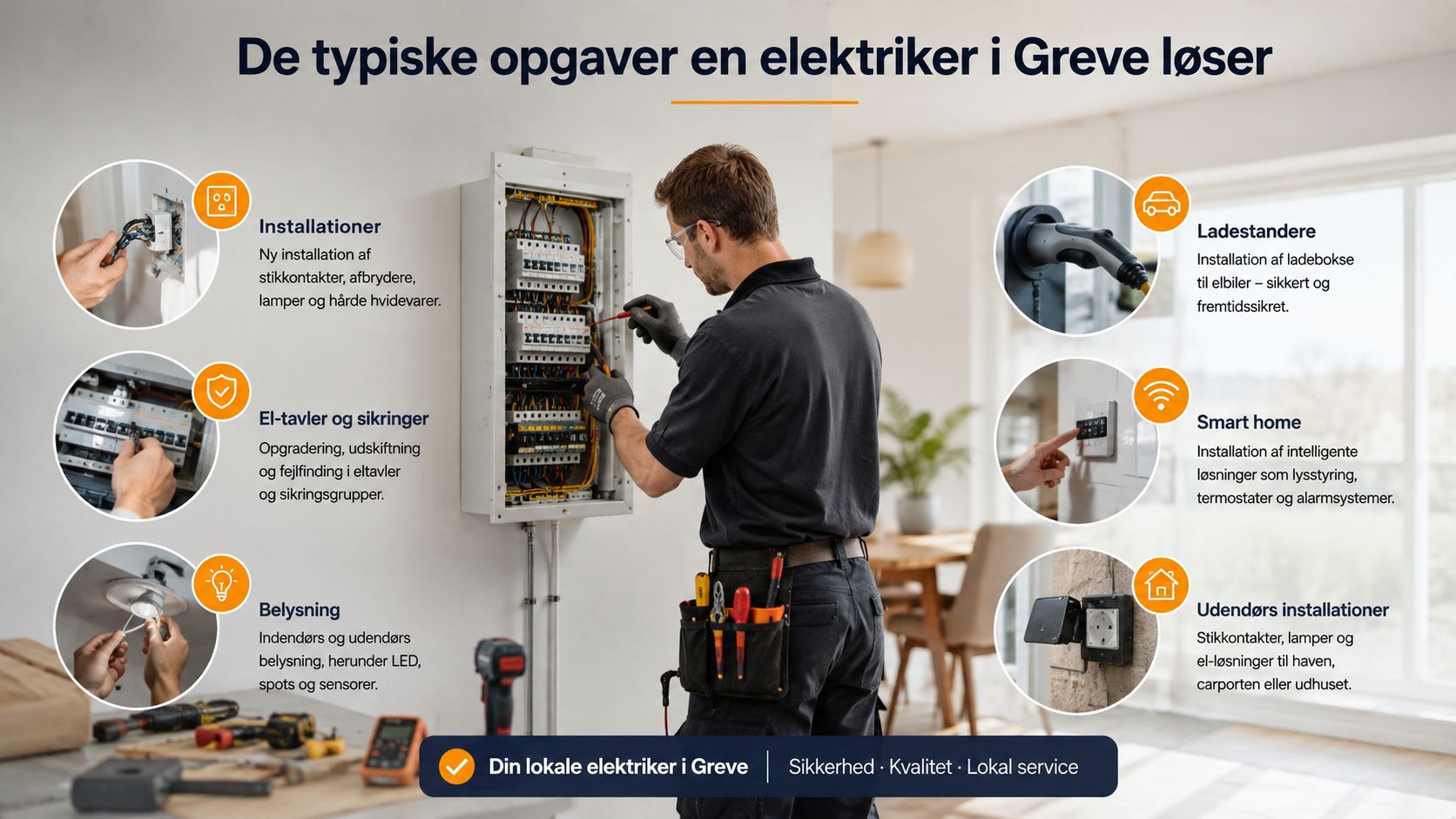 En professionel elektriker arbejder på en el-tavle med forskellige ikoner, der viser ydelser som ladestandere og belysning.