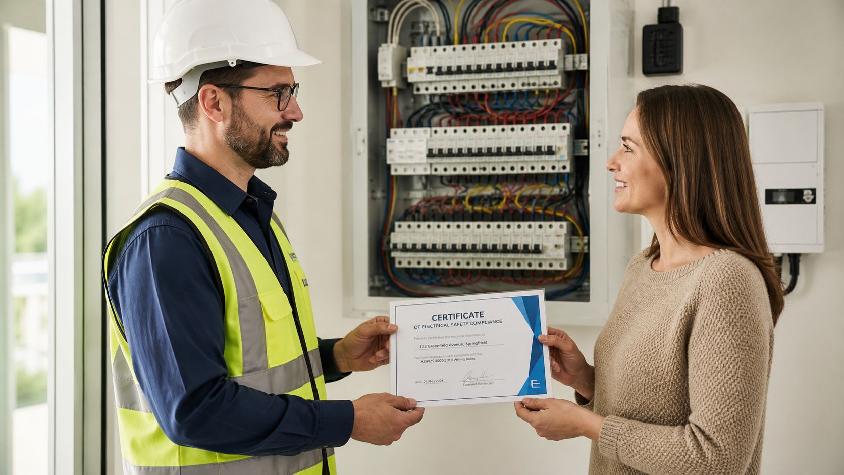 En elektriker i en gul sikkerhedsvest overrækker en overensstemmelseserklæring til en kunde foran et elektrisk sikringsskab.
