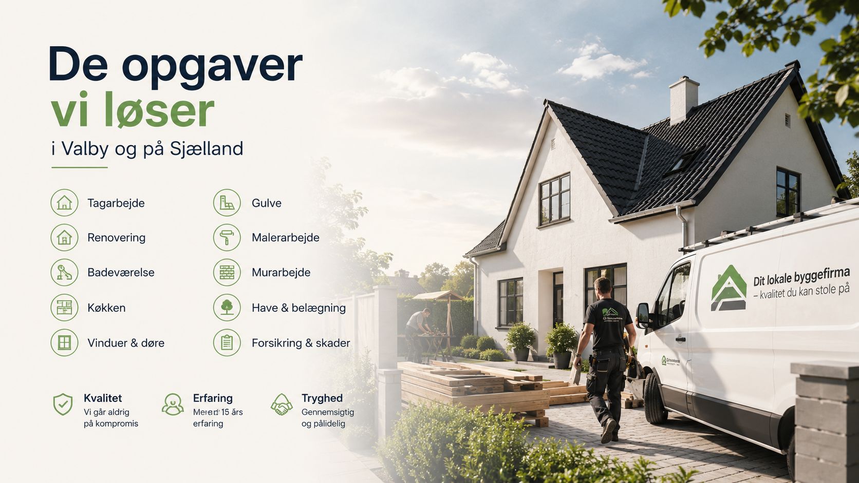En byggefirma-medarbejder ved en hvid varevogn foran et flot hus med fokus på renoveringstjenester i Valby.