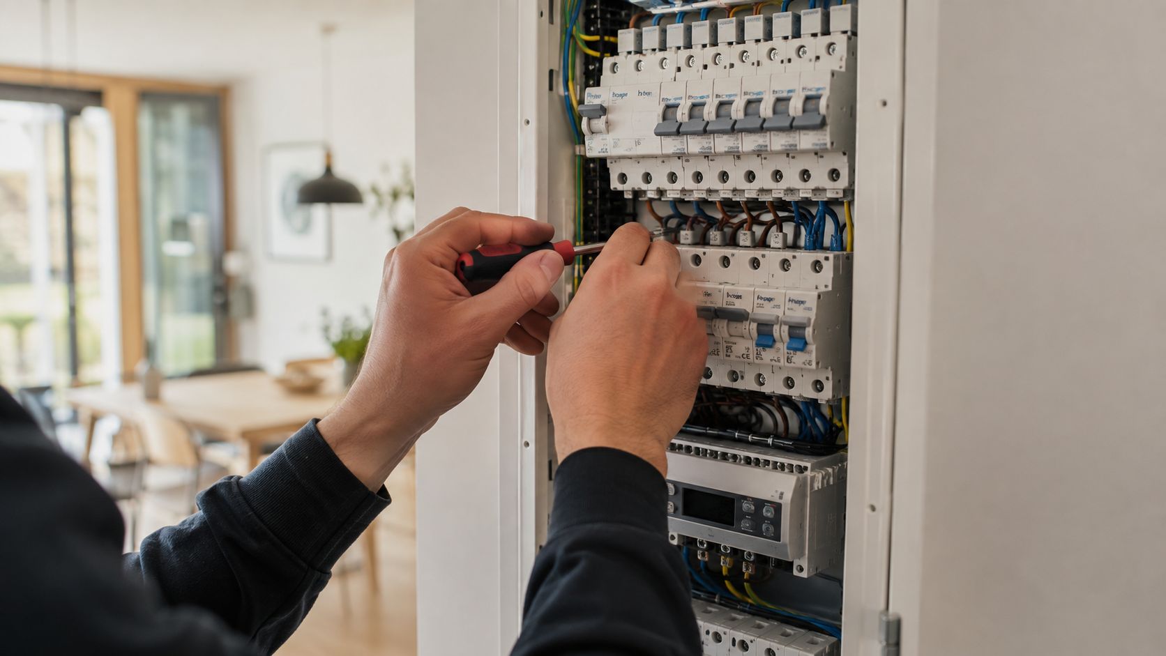 En professionel elektriker arbejder fokuseret på at installere og vedligeholde elektriske komponenter i et moderne sikringsskab i hjemmet.