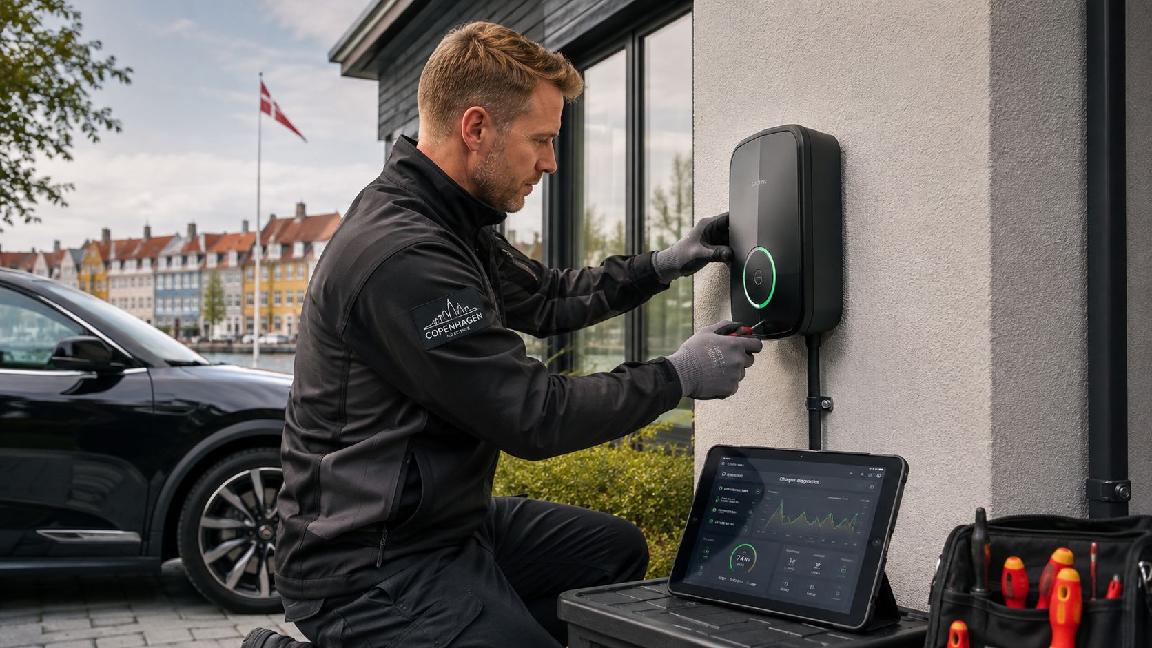 En professionel elektriker fra København installerer en moderne ladestander til elbiler på en husvæg udendørs.