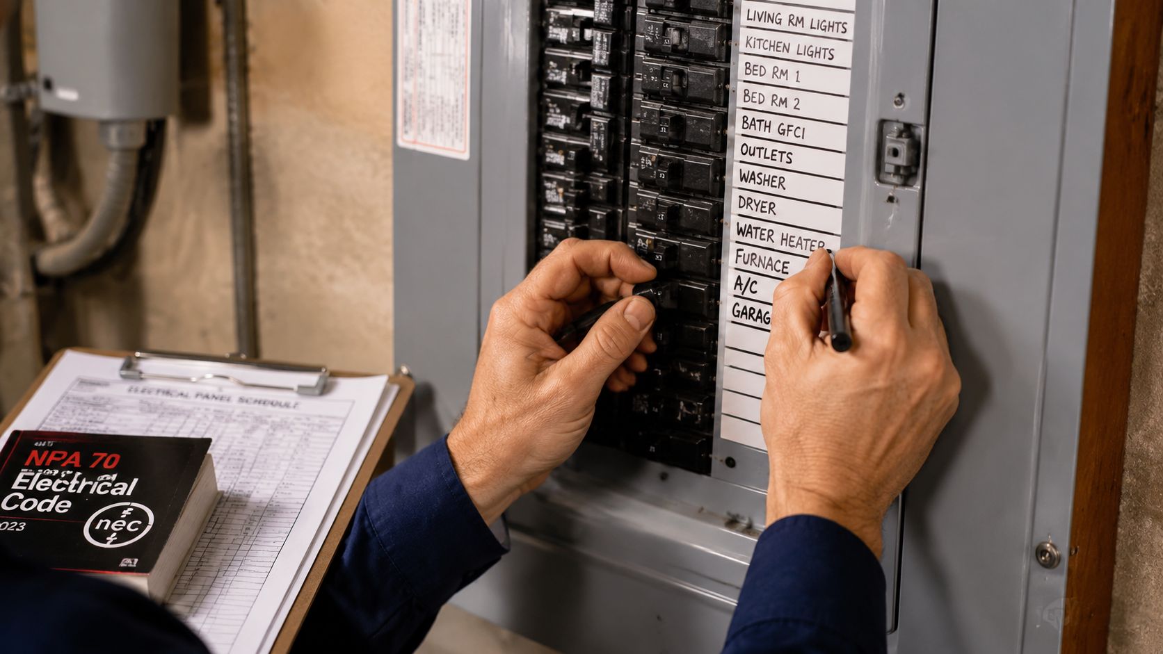 En elektriker arbejder med et sikringsskab og skriver på panelet for at markere de forskellige elektriske kredsløb.