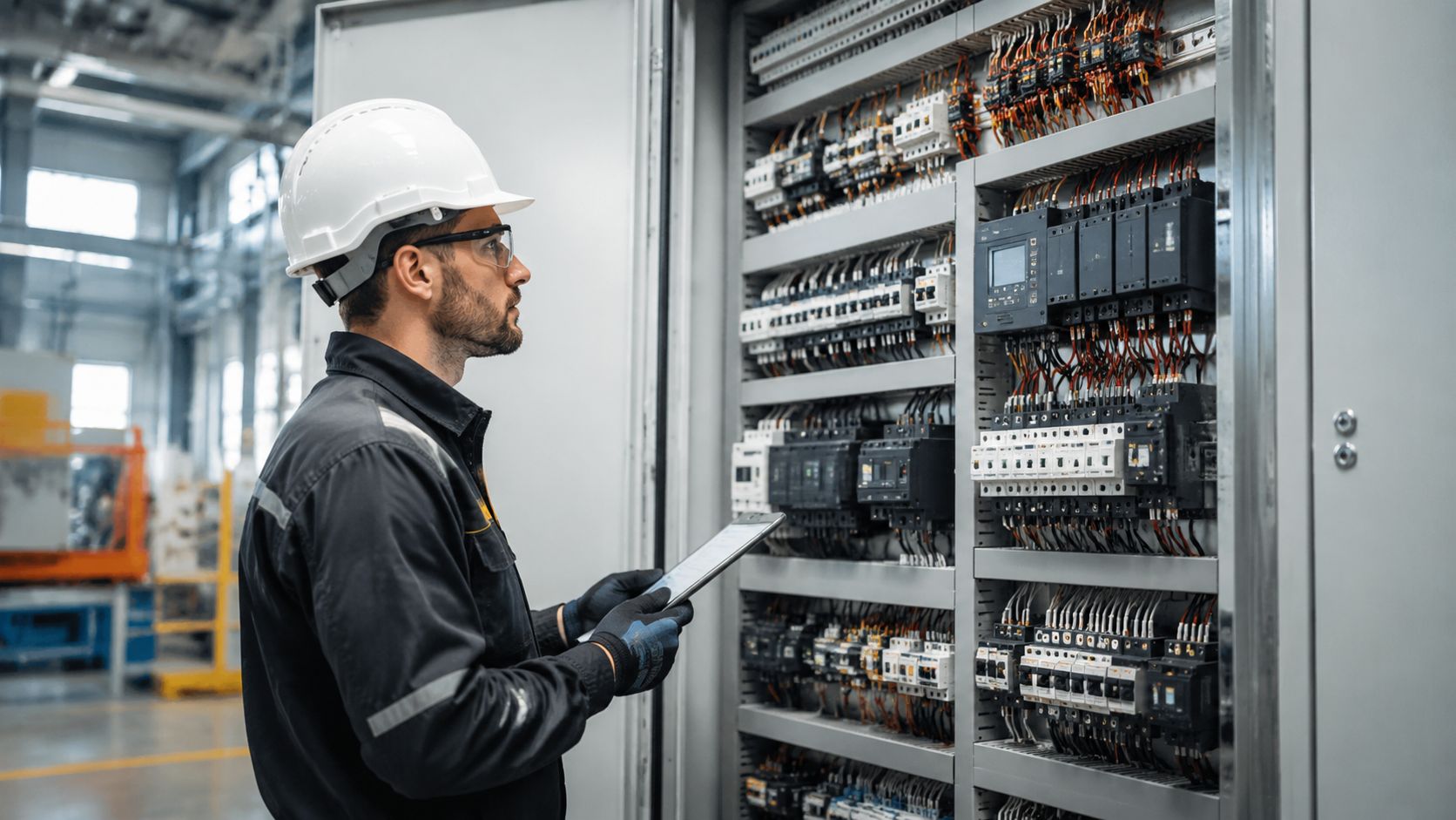 En elektriker i beskyttelsesudstyr inspicerer elektriske tavleanlæg i en industriel fabrik med en tablet i hånden.