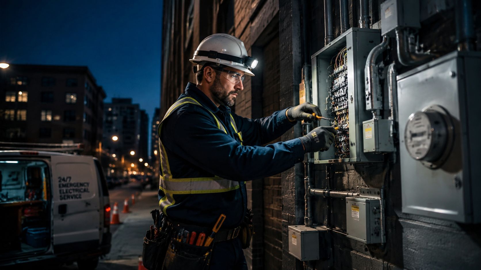 En professionel elektriker arbejder med fokus på en udendørs el-tavle om aftenen i en bys gade.