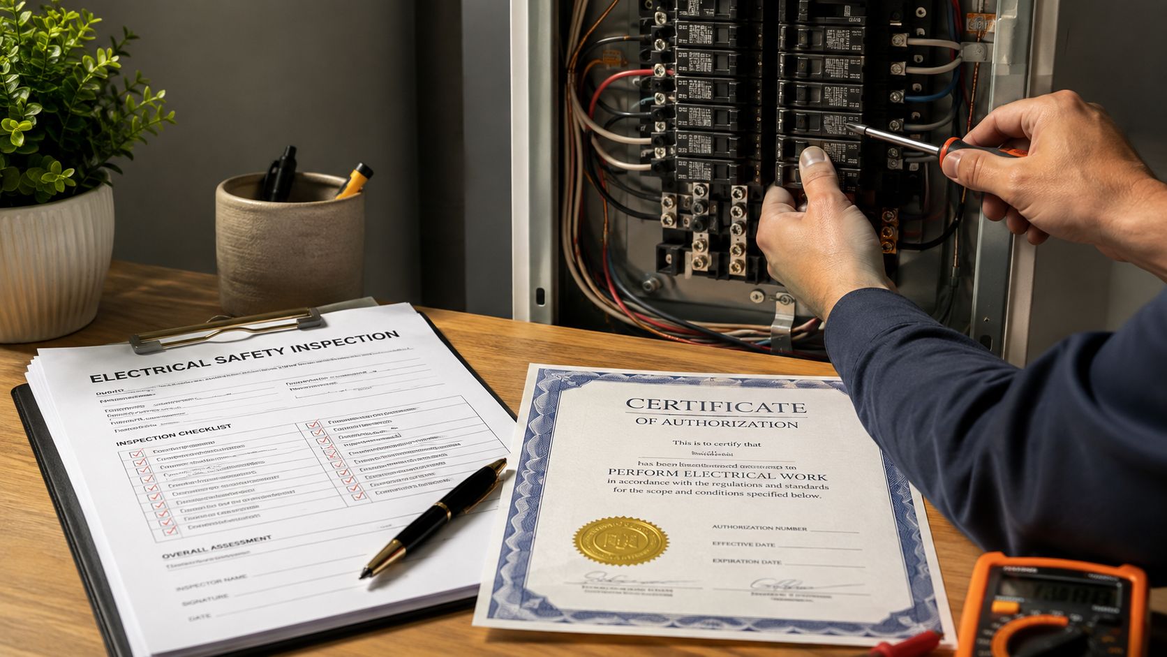 En elektriker udfører et el-tjek af en sikringstavle med certifikater og dokumentation liggende klar på bordet.