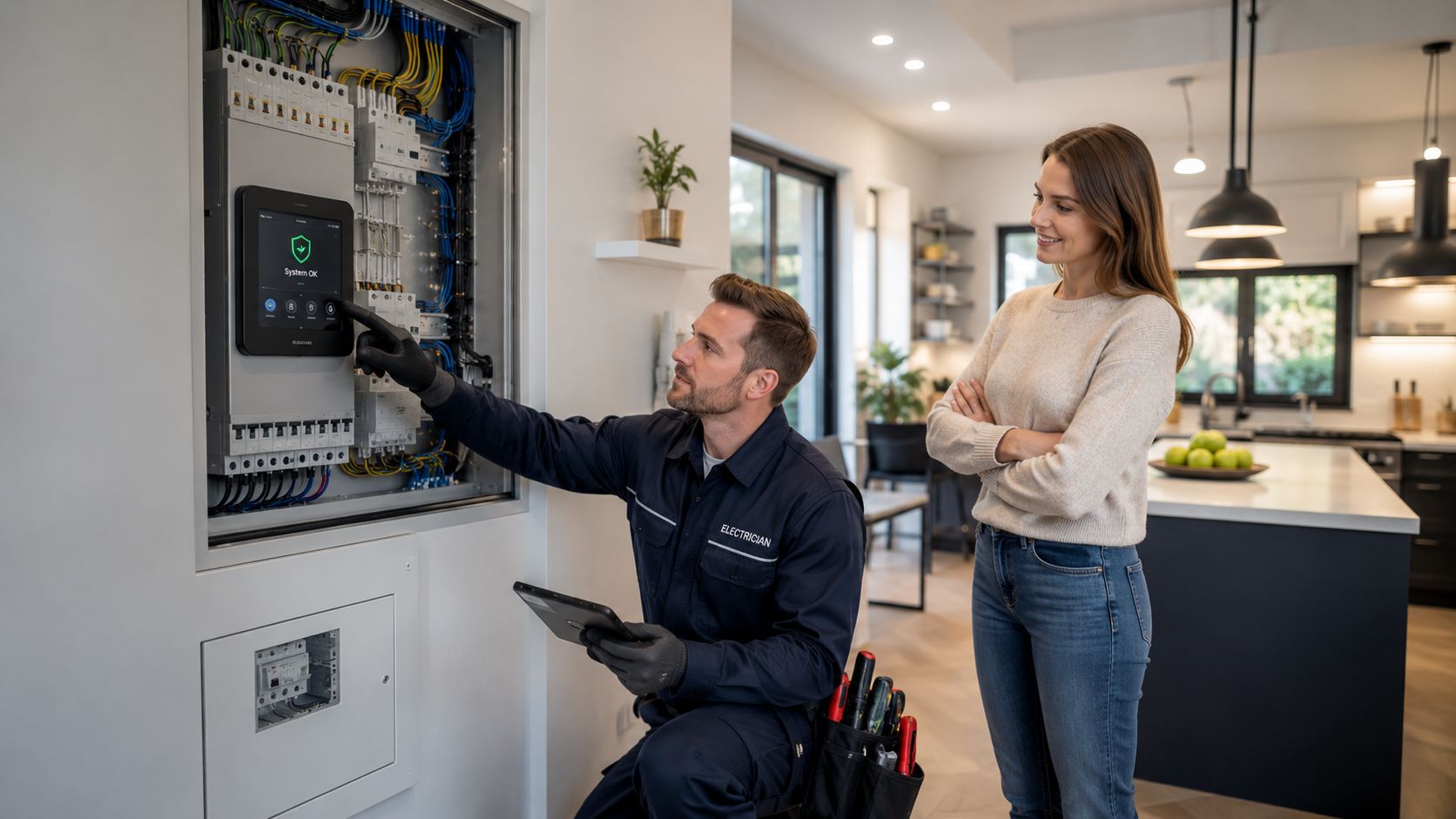 En professionel elektriker viser en glad kunde det nyinstallerede smarte kontrolpanel på deres elektriske tavle derhjemme.
