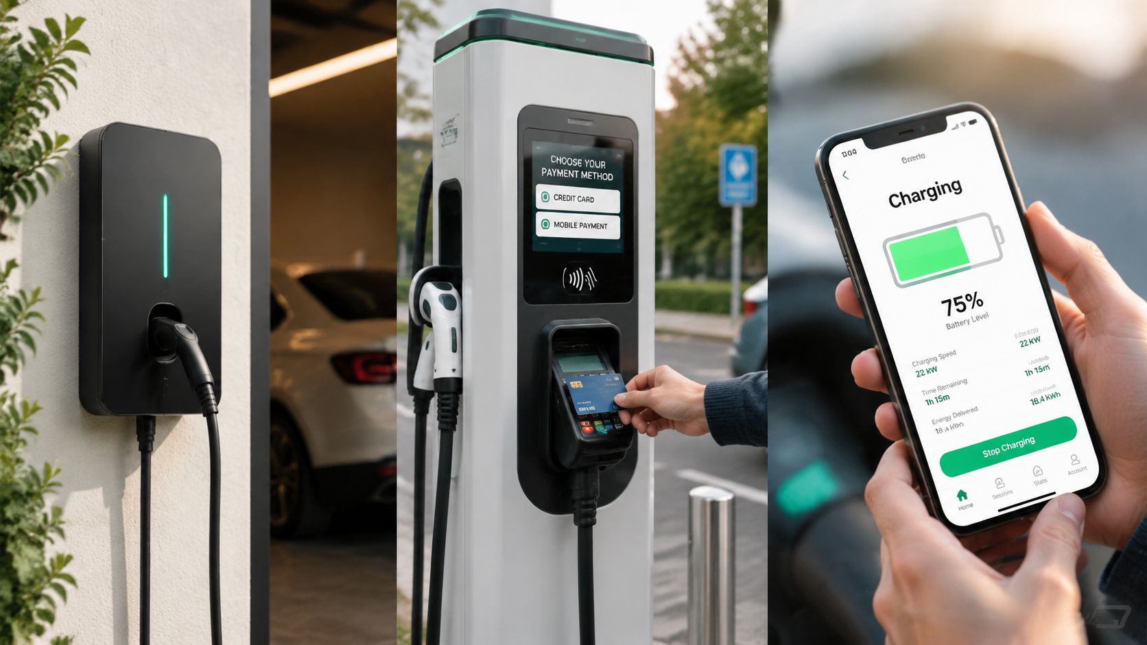 Tre billeder viser forskellige ladestandere til elbiler, betalingsmuligheder og en mobilapp til overvågning af opladningsprocessen.