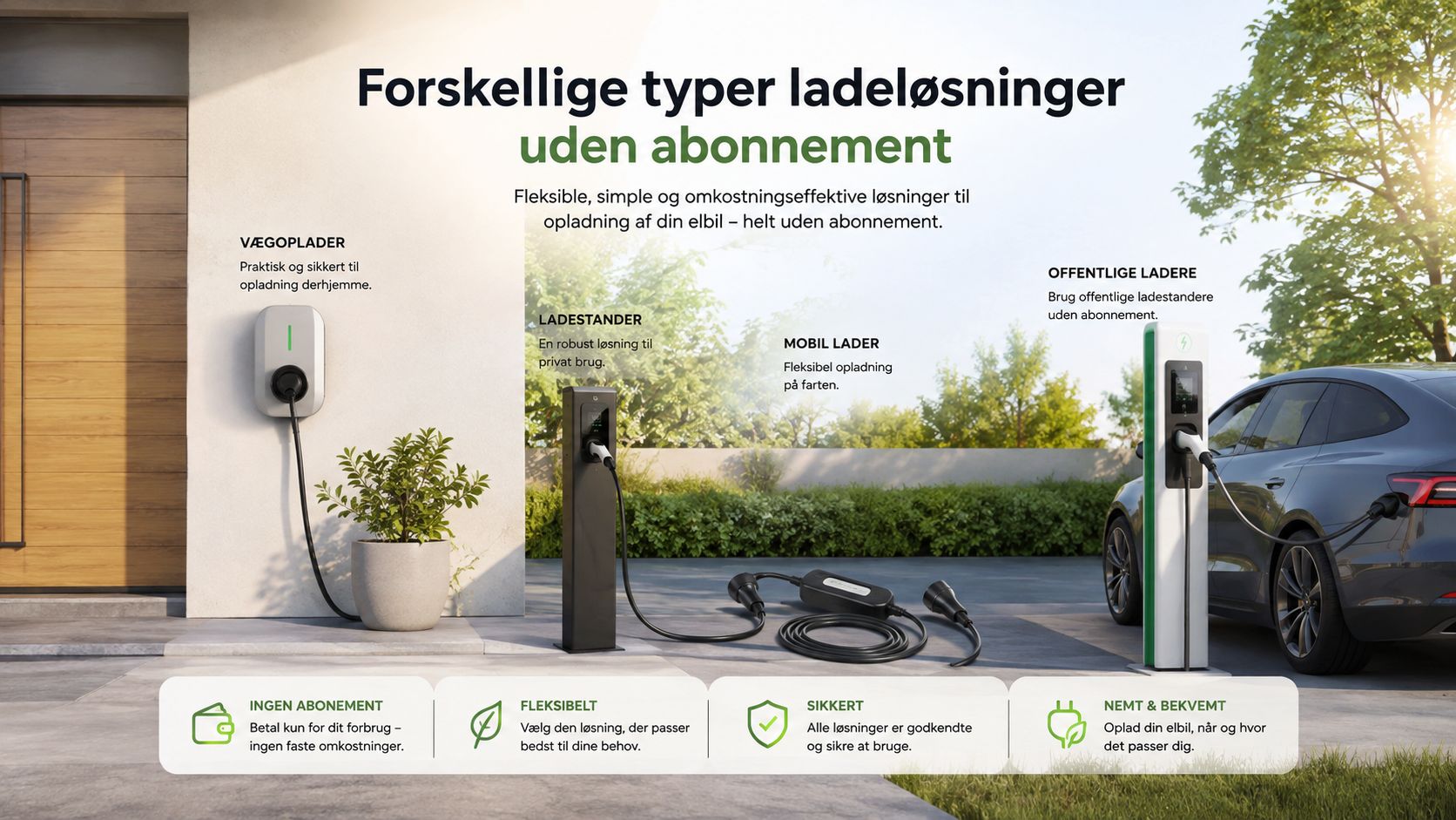 Illustration af forskellige ladeløsninger til elbiler, herunder vægoplader, ladestander og mobil lader, uden binding eller abonnement.