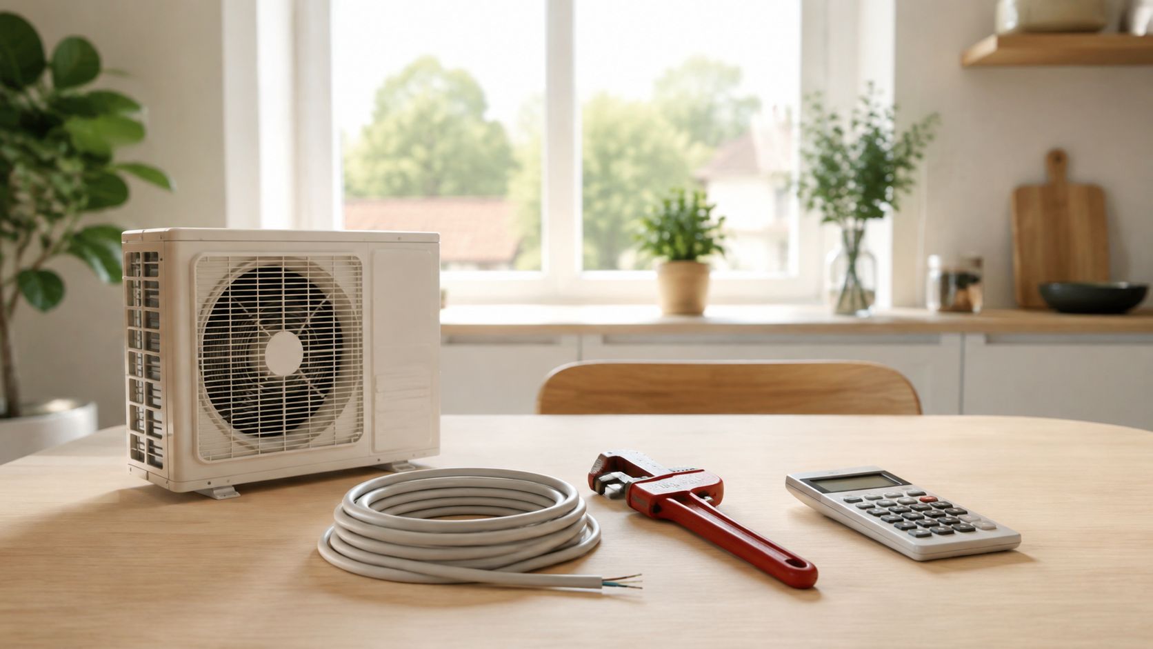 En varmepumpe placeret på et bord ved siden af en rulle kabel, en rørtang og en lommeregner.
