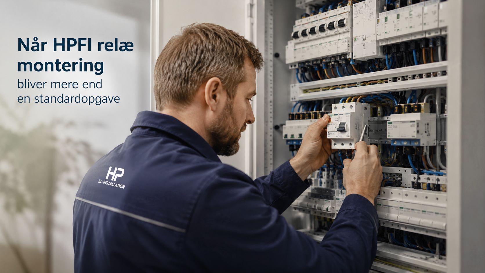 En professionel elektriker er i gang med at montere et HPFI relæ i en el-tavle.