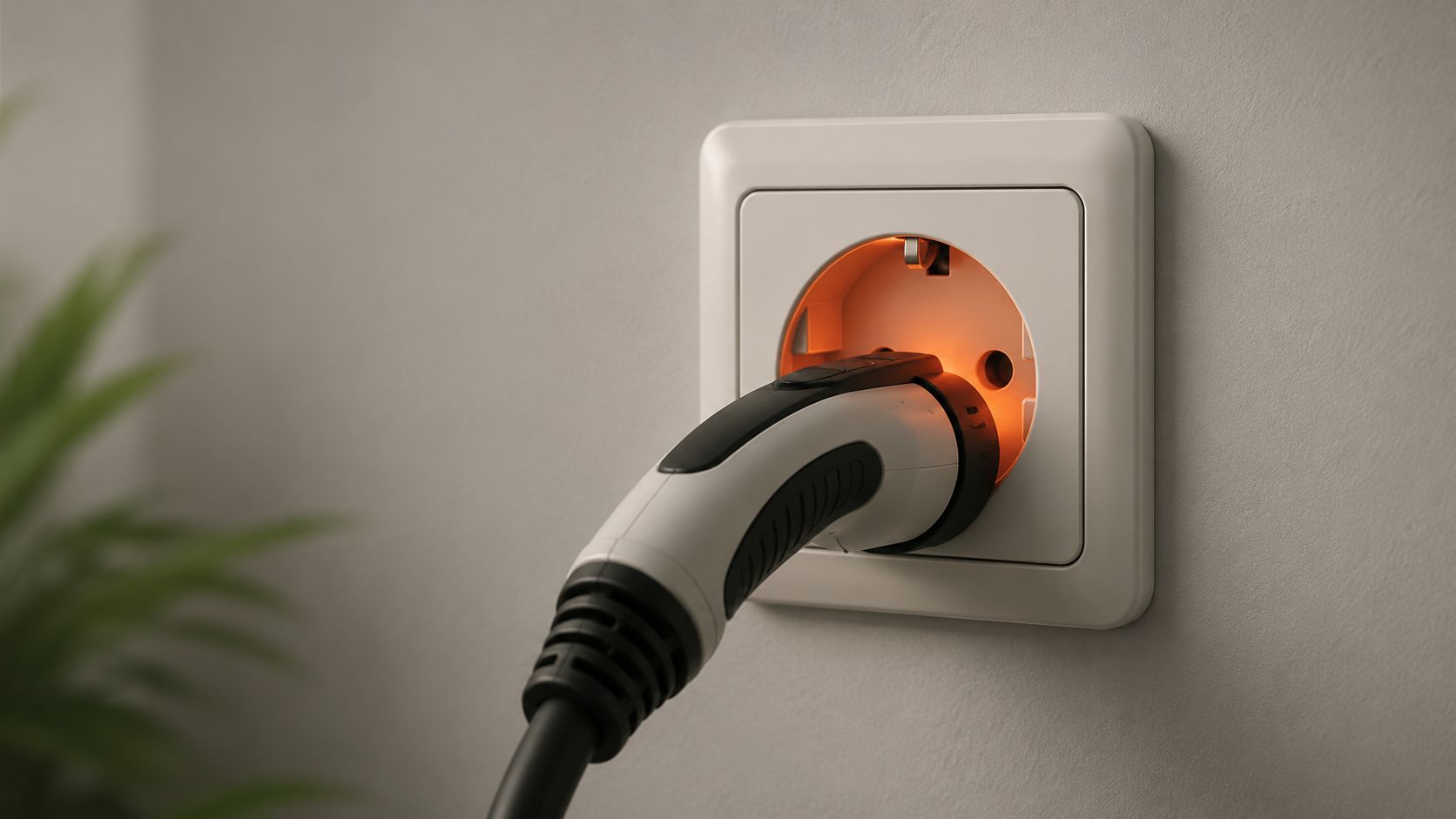 Et elektrisk opladningskabel sat i en stikkontakt på en hvid væg med en plante i baggrunden