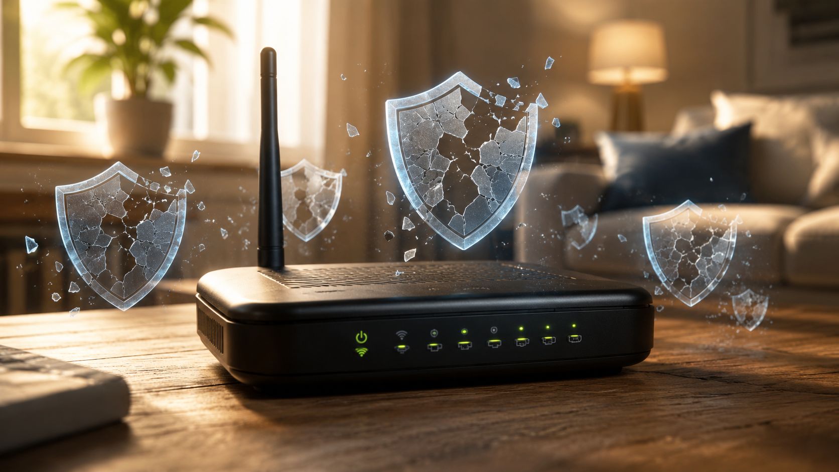 En trådløs router placeret på et træbord med holografiske skjold, der symboliserer digital beskyttelse og internetsikkerhed.