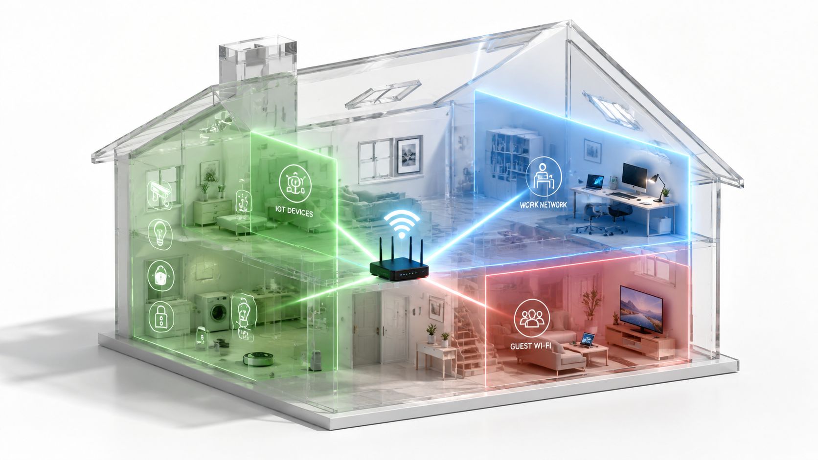Et 3D-billede af et hus, der viser opdeling af hjemmenetværk i forskellige zoner som IOT, arbejde og gæster.
