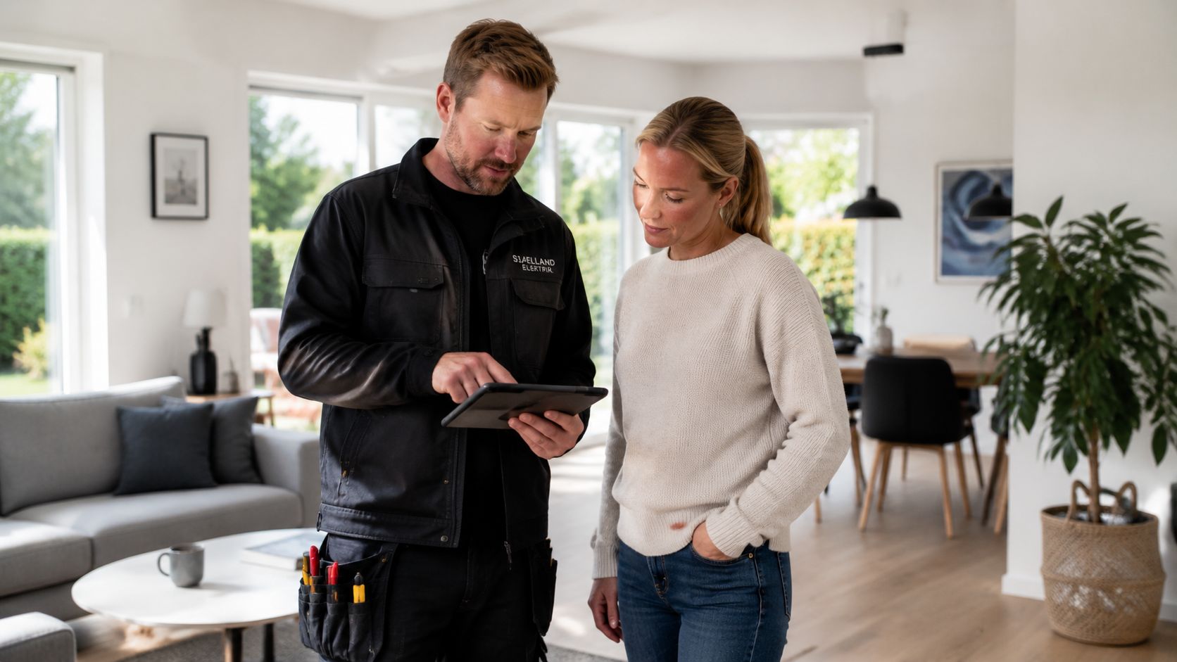 En elektriker i arbejdstøj viser en kunde nye løsninger på sin tablet i en moderne stue.