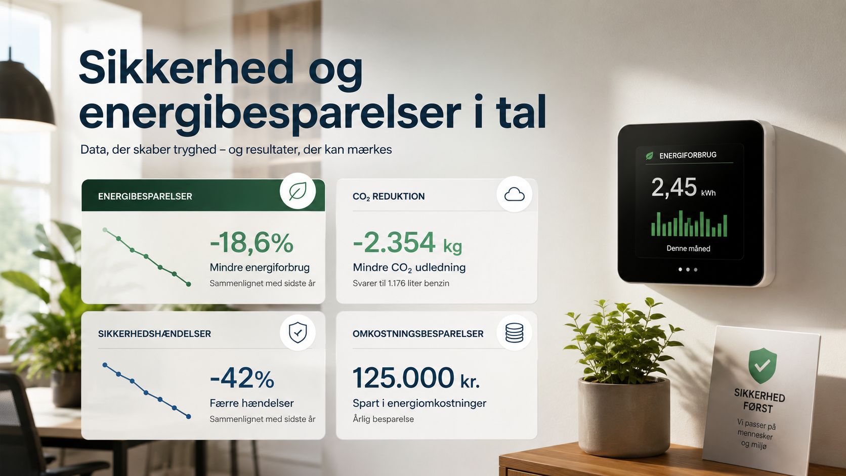 En infografik der viser energibesparelser, CO2-reduktion, øget sikkerhed og økonomiske fordele ved smart styring af udendørs belysning.