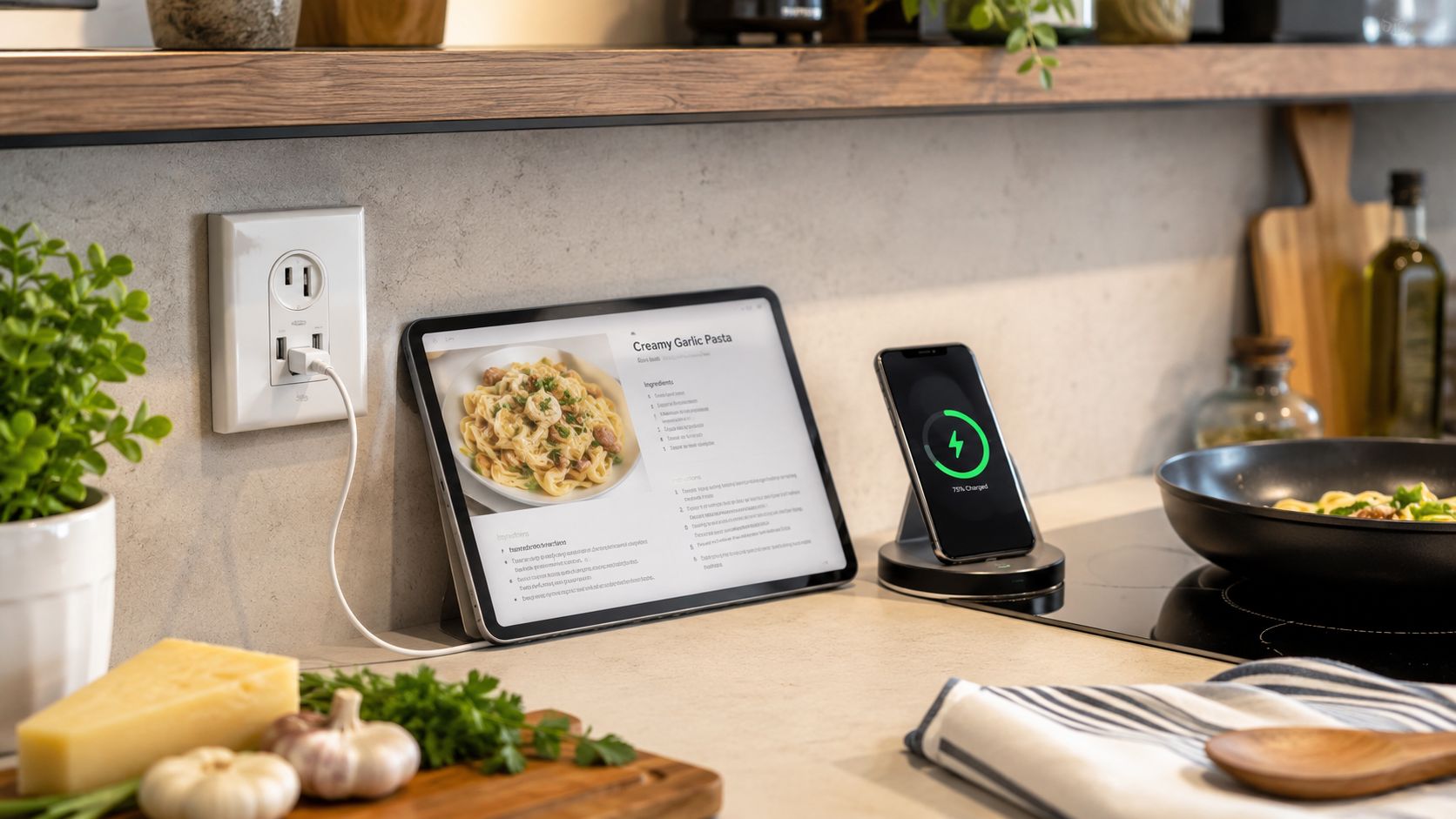 En køkkenbordplade med en stikkontakt med USB, en tablet med en opskrift og en opladende smartphone.