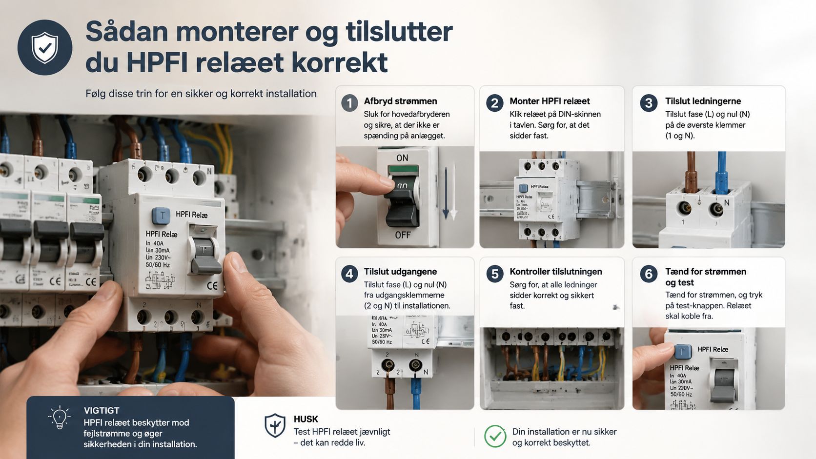 En vejledning i seks trin til sikker montering og installation af et HPFI relæ i en eltavle.
