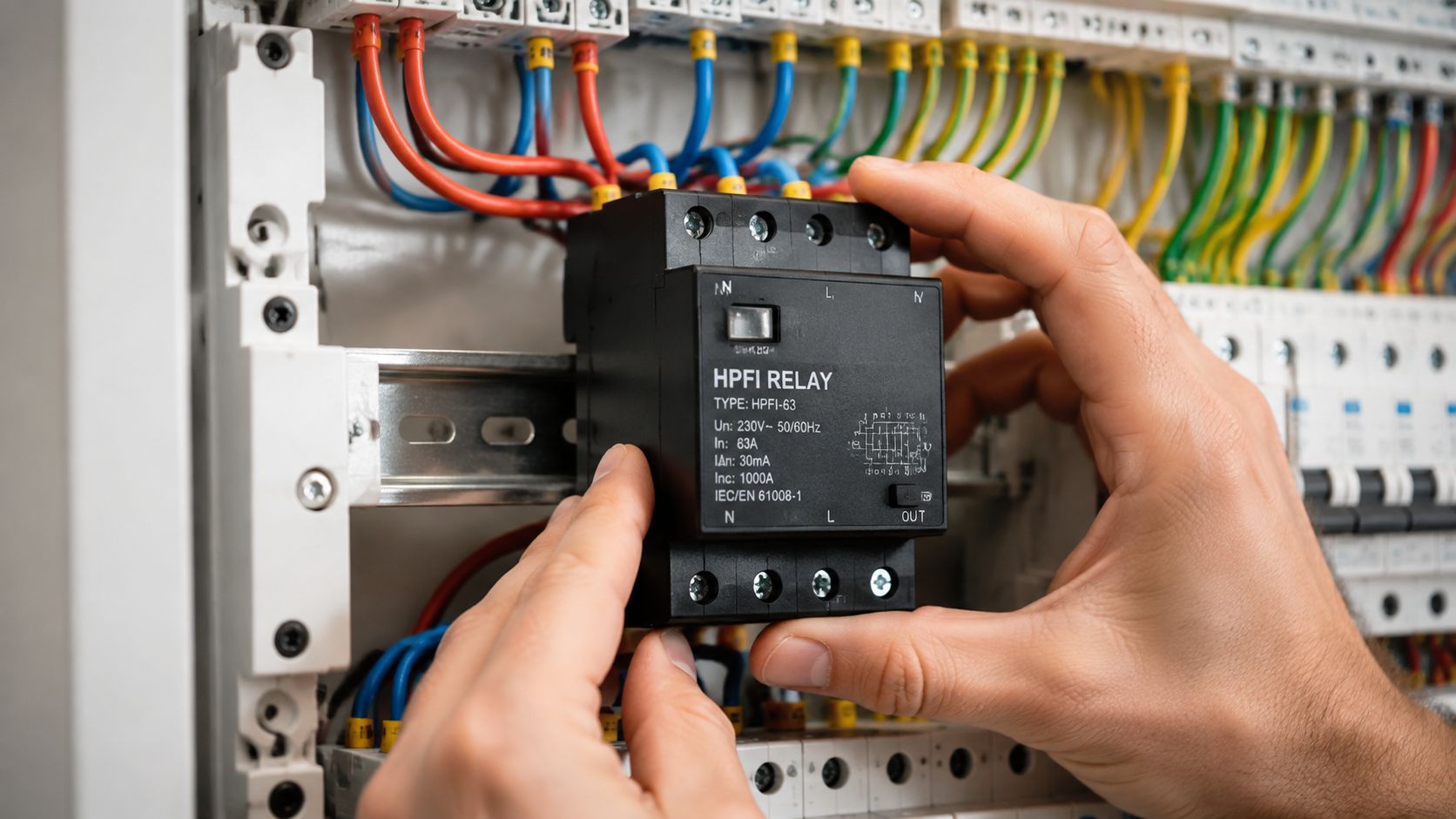 En elektriker monterer et HPFI-relæ i en elektrisk gruppetavle for at sikre korrekt beskyttelse mod fejlstrøm i installationen.