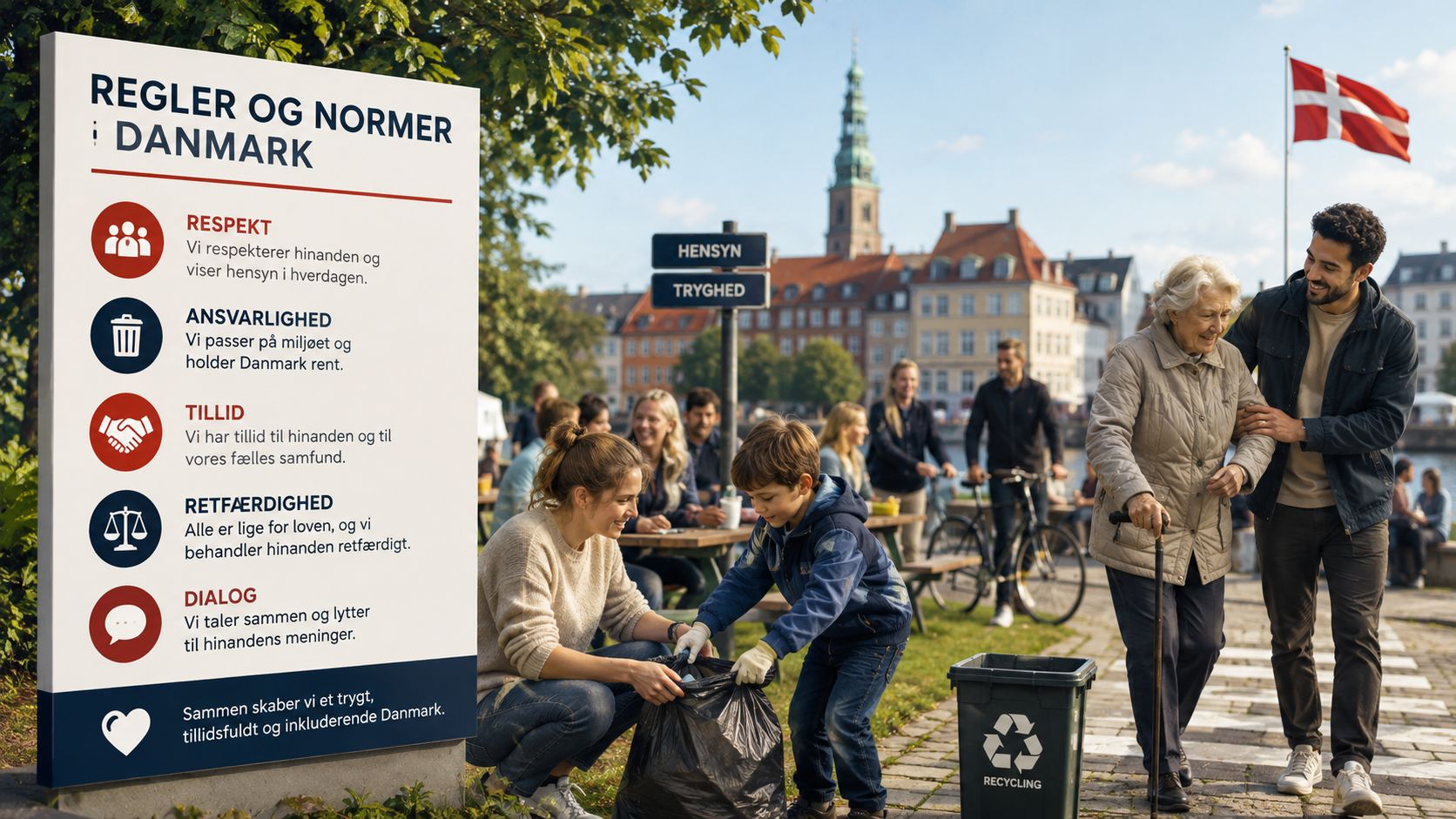 Et skilt i en dansk park viser sociale normer og værdier, mens folk hygger sig i baggrunden.