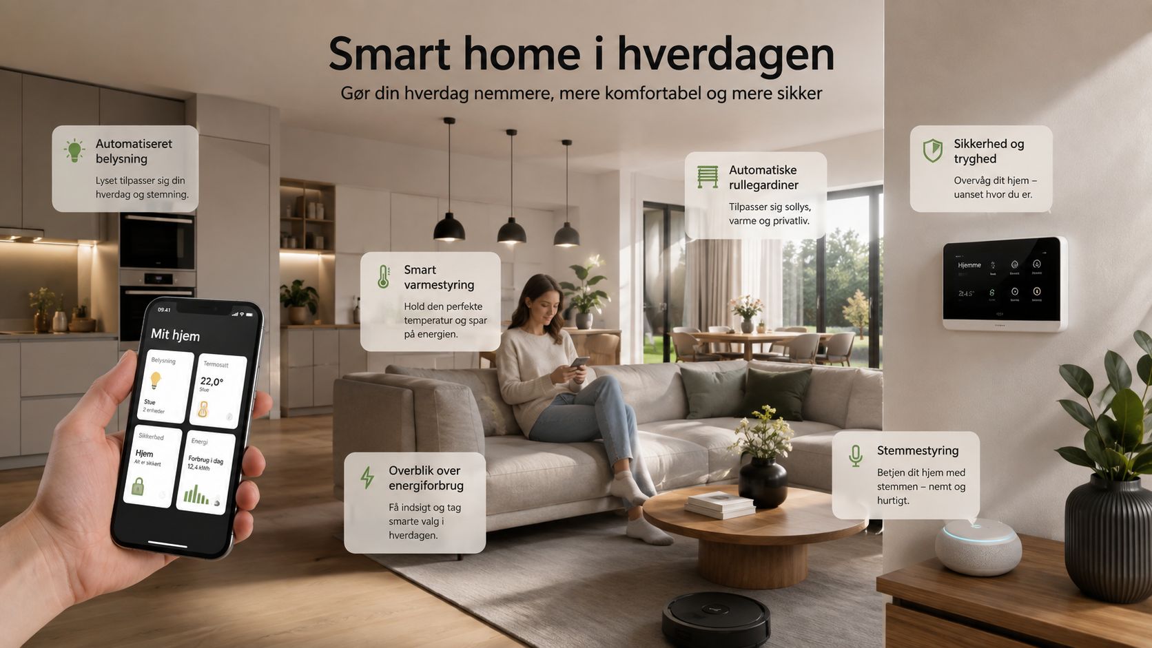 En person styrer et moderne smart home-system via en smartphone i en stilfuld og komfortabel stue.