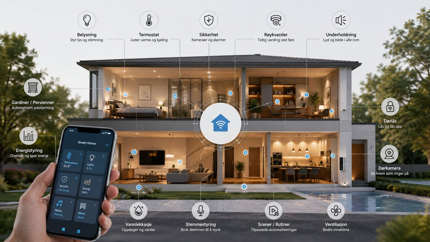 En smartphone styrer et moderne smarthjem-system, der viser forbundne enheder som lys, sikkerhed, klima og ventilation.