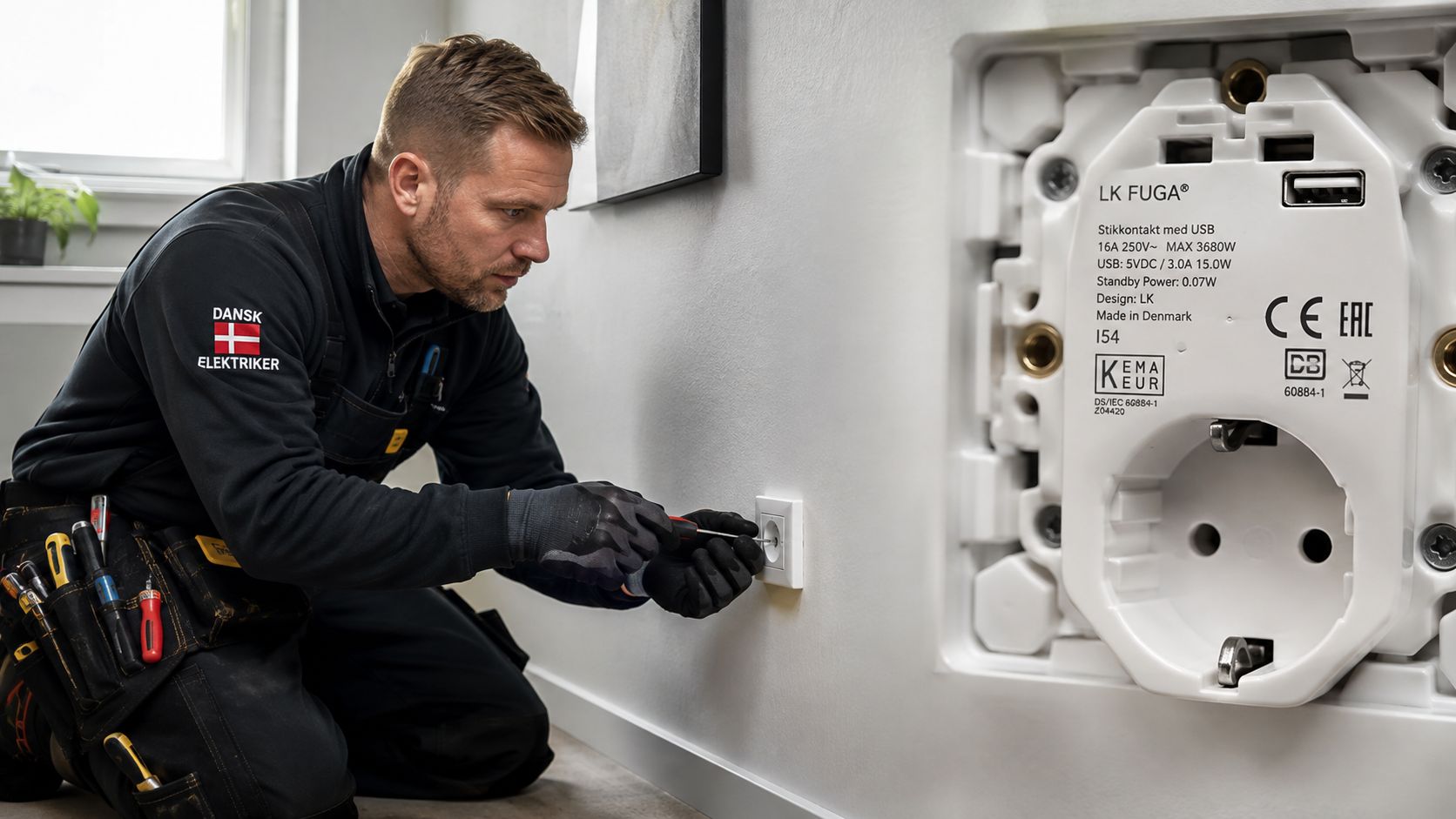 En professionel dansk elektriker monterer en stikkontakt med USB i en hvid væg i et moderne hjem.