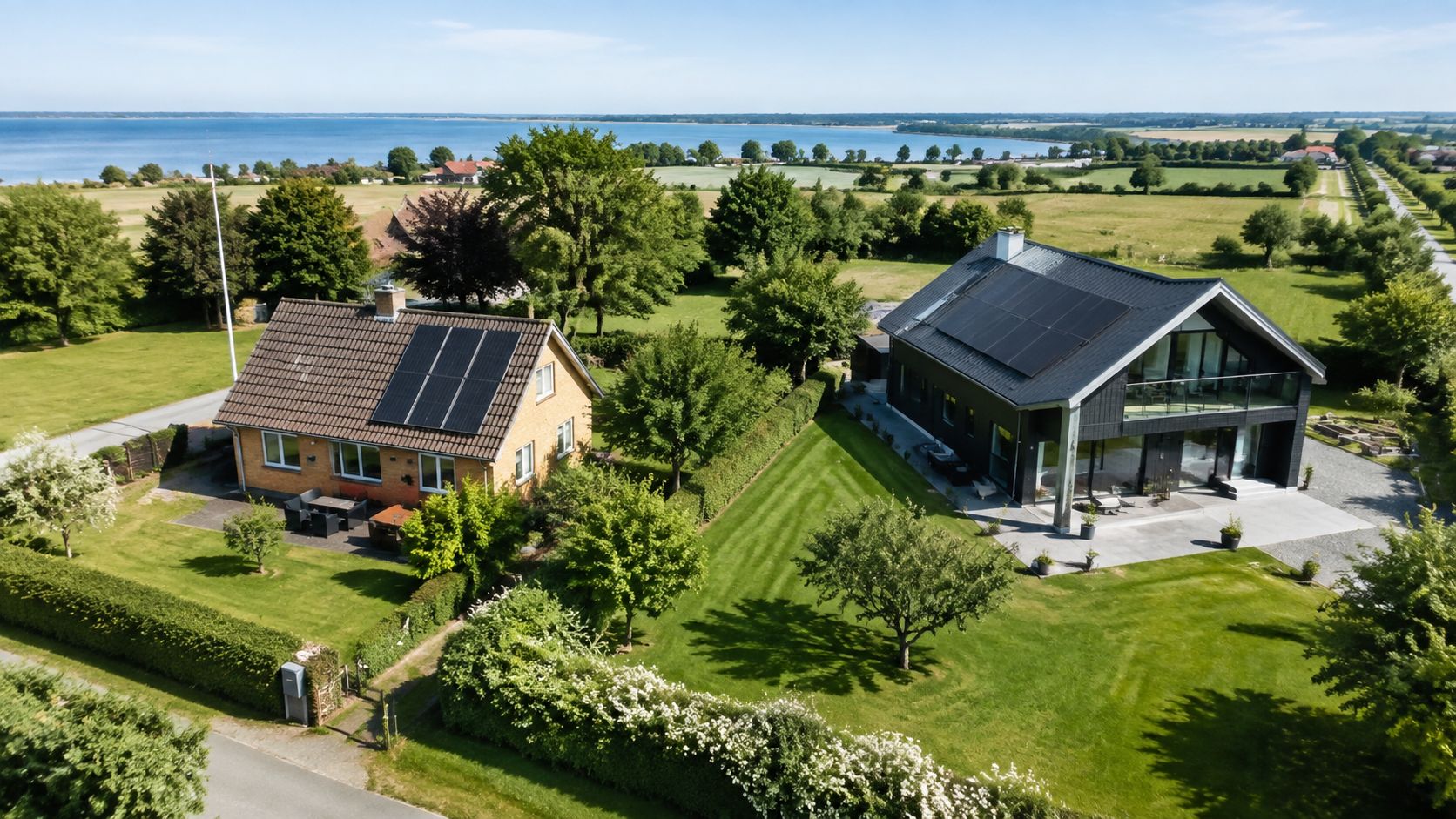 To huse på landet med solceller på taget og en stor grøn have med udsigt til fjorden.